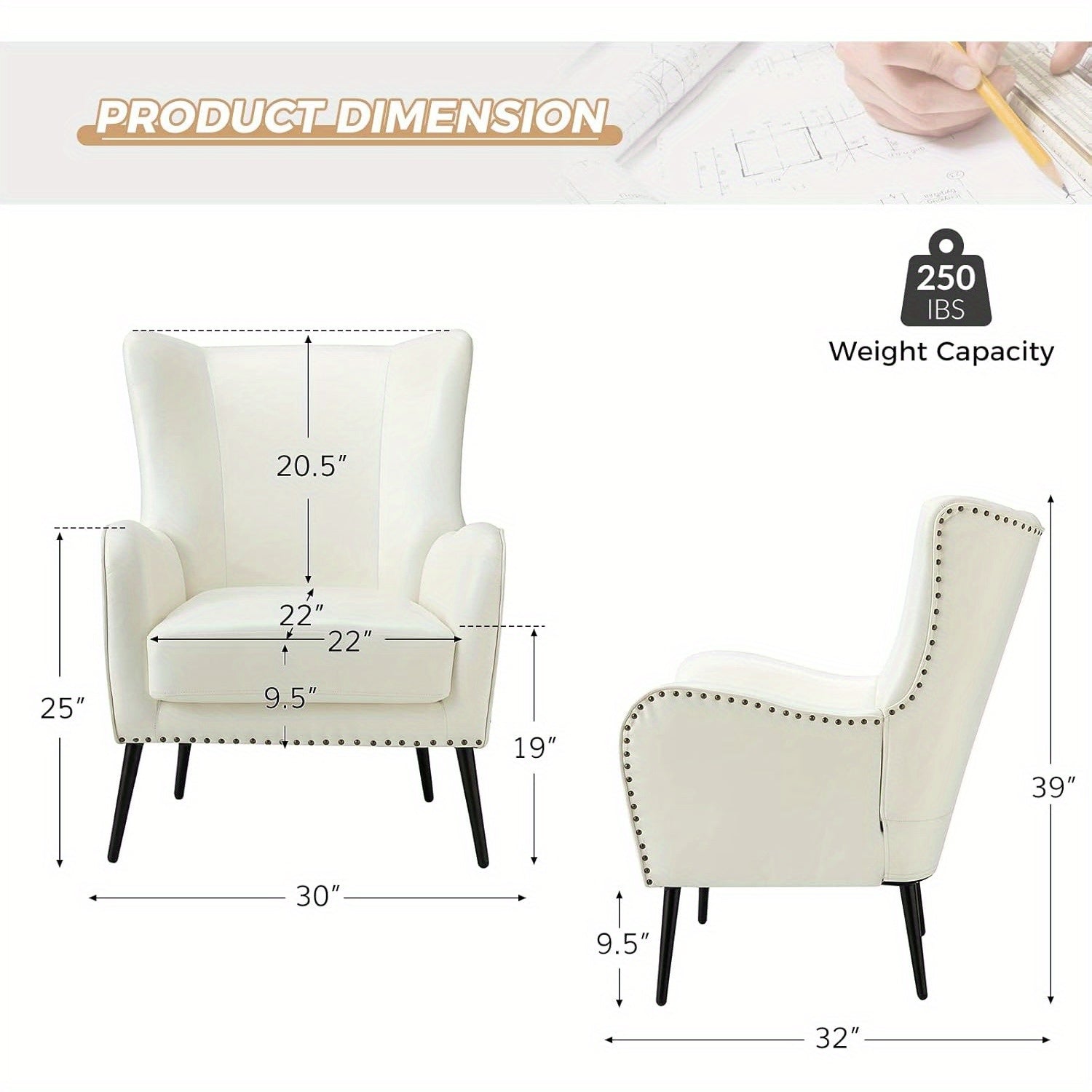 Faux Leather Accent Chair w/ Removable Cushion, Comfy Upholstered Armchair with Black Metal Legs & Nailhead Trim Wingback Vanity Chair Desk Chair for Reading Living Room Bedroom, IVORY