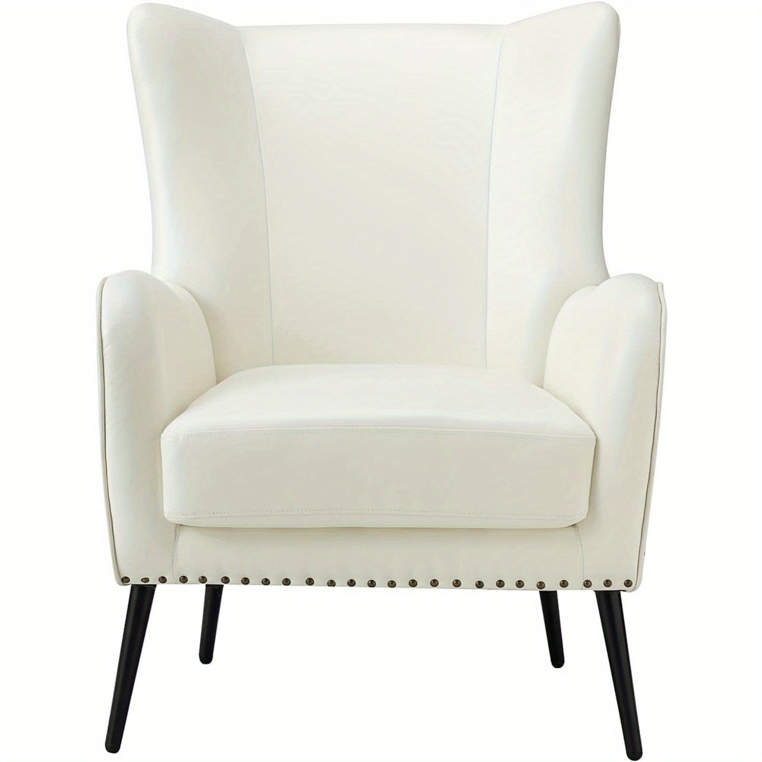 Faux Leather Accent Chair w/ Removable Cushion, Comfy Upholstered Armchair with Black Metal Legs & Nailhead Trim Wingback Vanity Chair Desk Chair for Reading Living Room Bedroom, IVORY