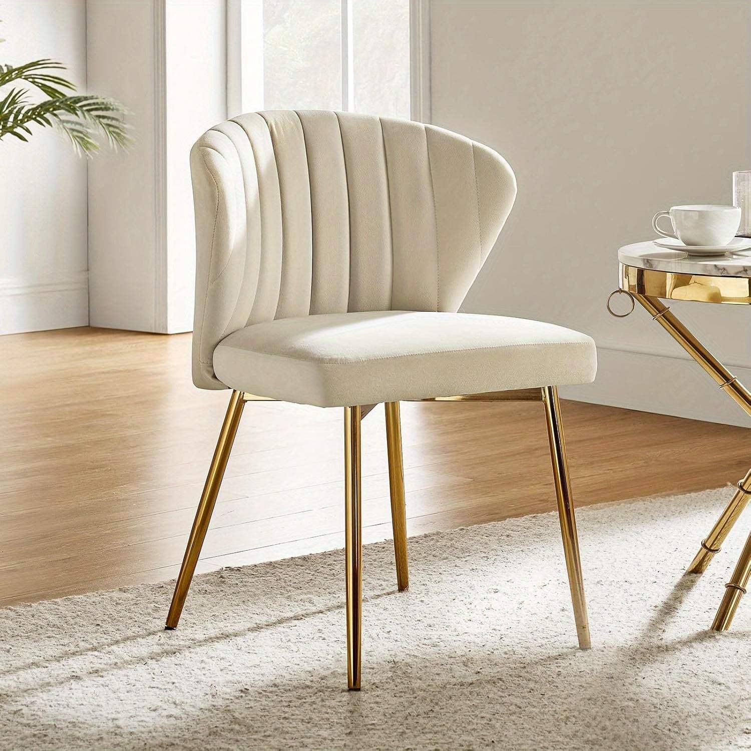 Velvet Dining Chair Modern Small Vanity Chair with Back Metal Legs Elegant Tufted Armless Accent Chair Living Room Upholstered Cute Side Chair for Bedroom Beauty Room-Ivory