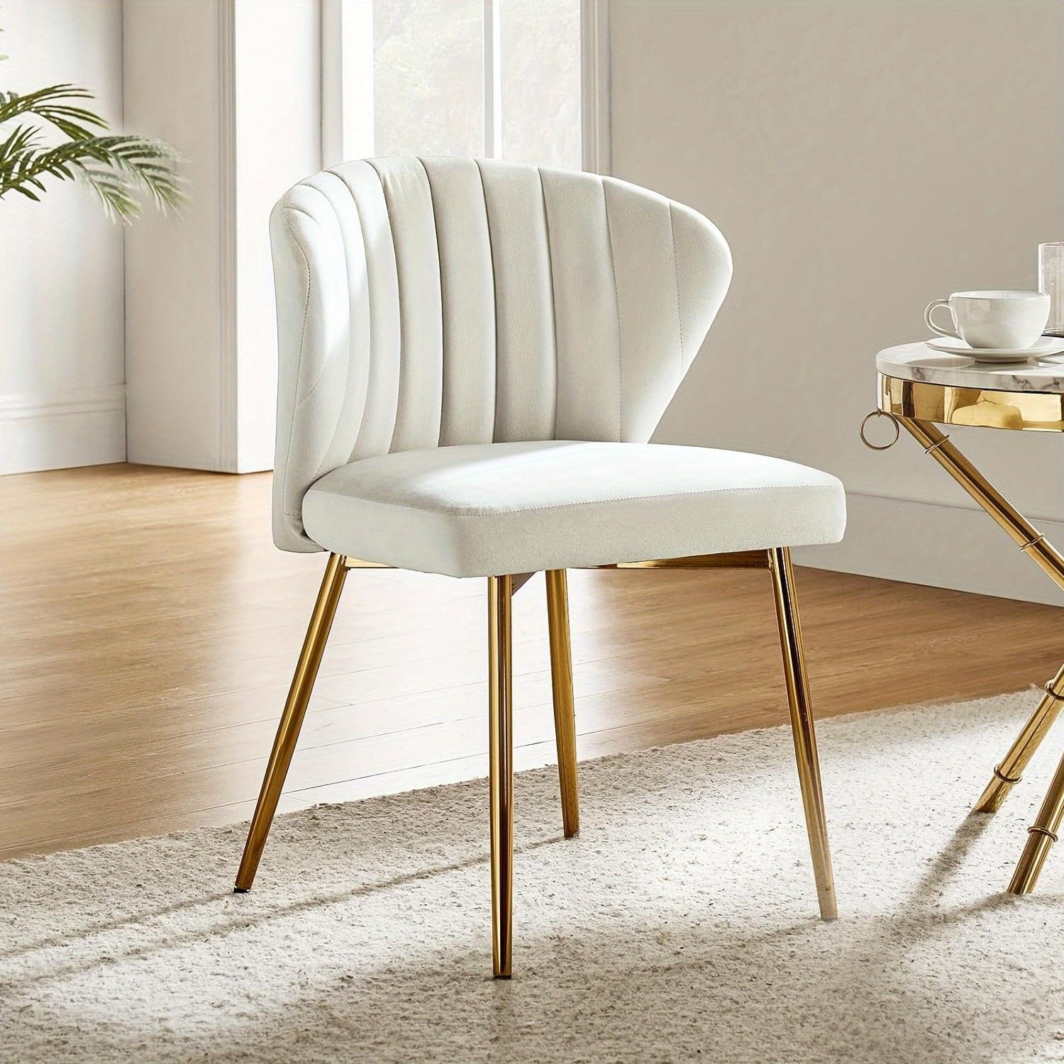 Velvet Dining Chair Modern Small Vanity Chair with Back Metal Legs Elegant Tufted Armless Accent Chair Living Room Upholstered Cute Side Chair for Bedroom Beauty Room-Ivory