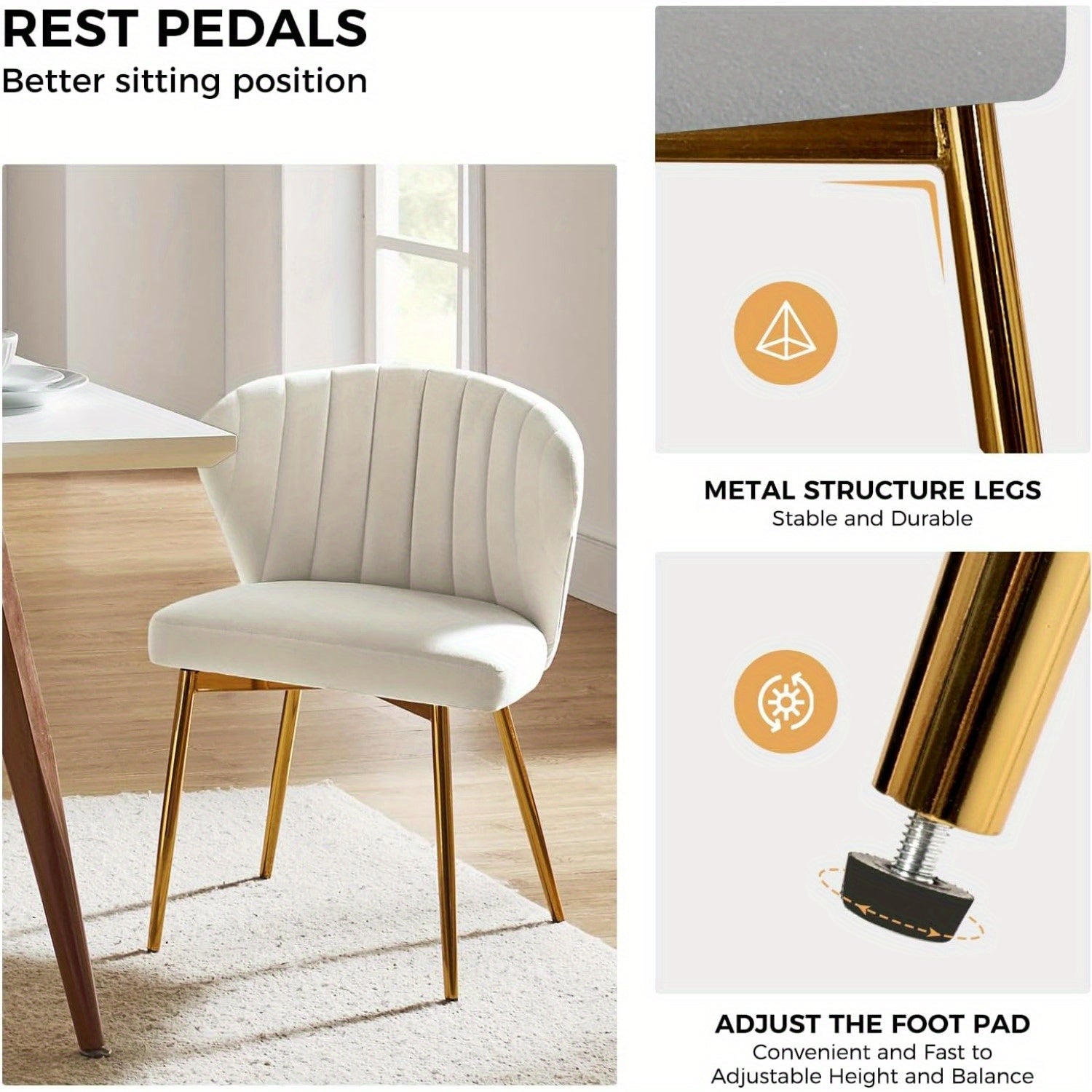 Velvet Dining Chair Modern Small Vanity Chair with Back Metal Legs Elegant Tufted Armless Accent Chair Living Room Upholstered Cute Side Chair for Bedroom Beauty Room-Ivory