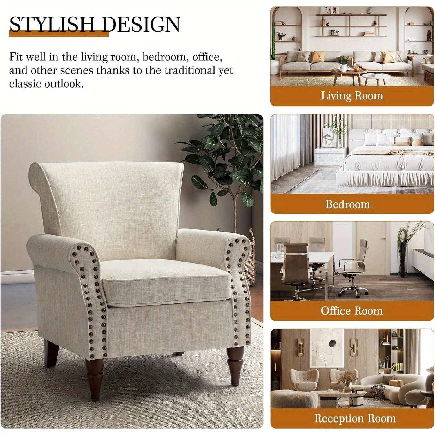 Modern Accent Chair with Wooden Legs & Nailhead Trim, Small Fabric Club Chair, Comfy Upholstered Armchair Lounge Chair for Bedroom Living Room Single Sofa (Ivory)