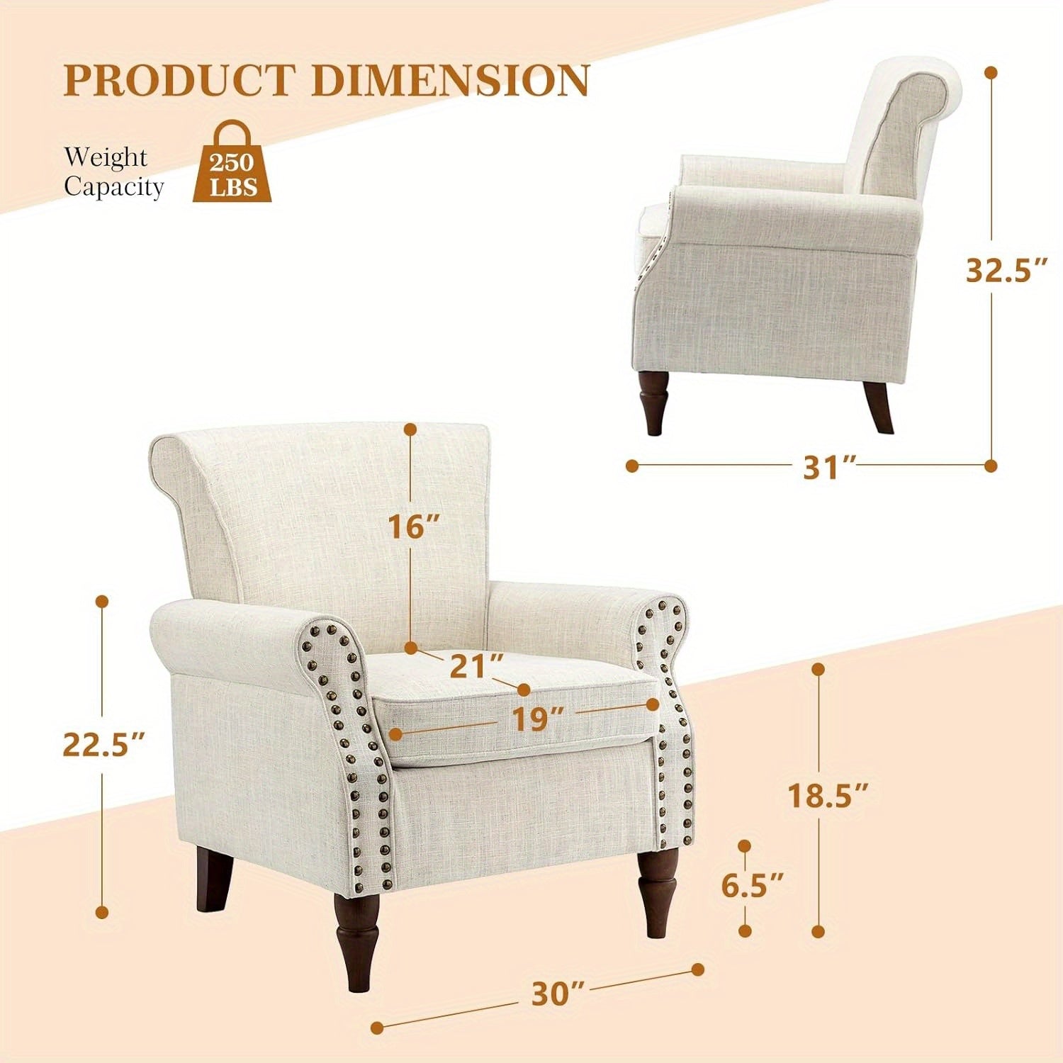 Modern Accent Chair with Wooden Legs & Nailhead Trim, Small Fabric Club Chair, Comfy Upholstered Armchair Lounge Chair for Bedroom Living Room Single Sofa (Ivory)