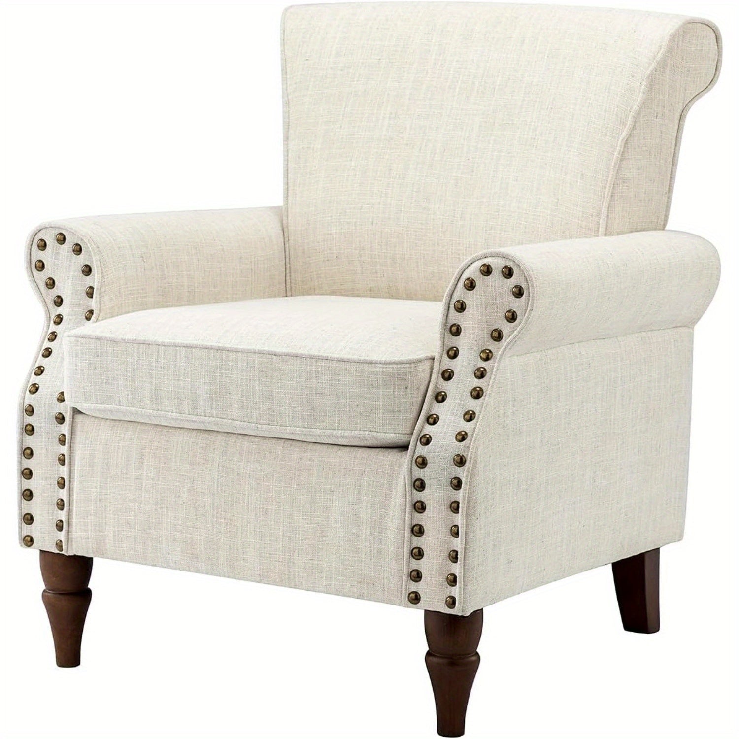 Modern Accent Chair with Wooden Legs & Nailhead Trim, Small Fabric Club Chair, Comfy Upholstered Armchair Lounge Chair for Bedroom Living Room Single Sofa (Ivory)