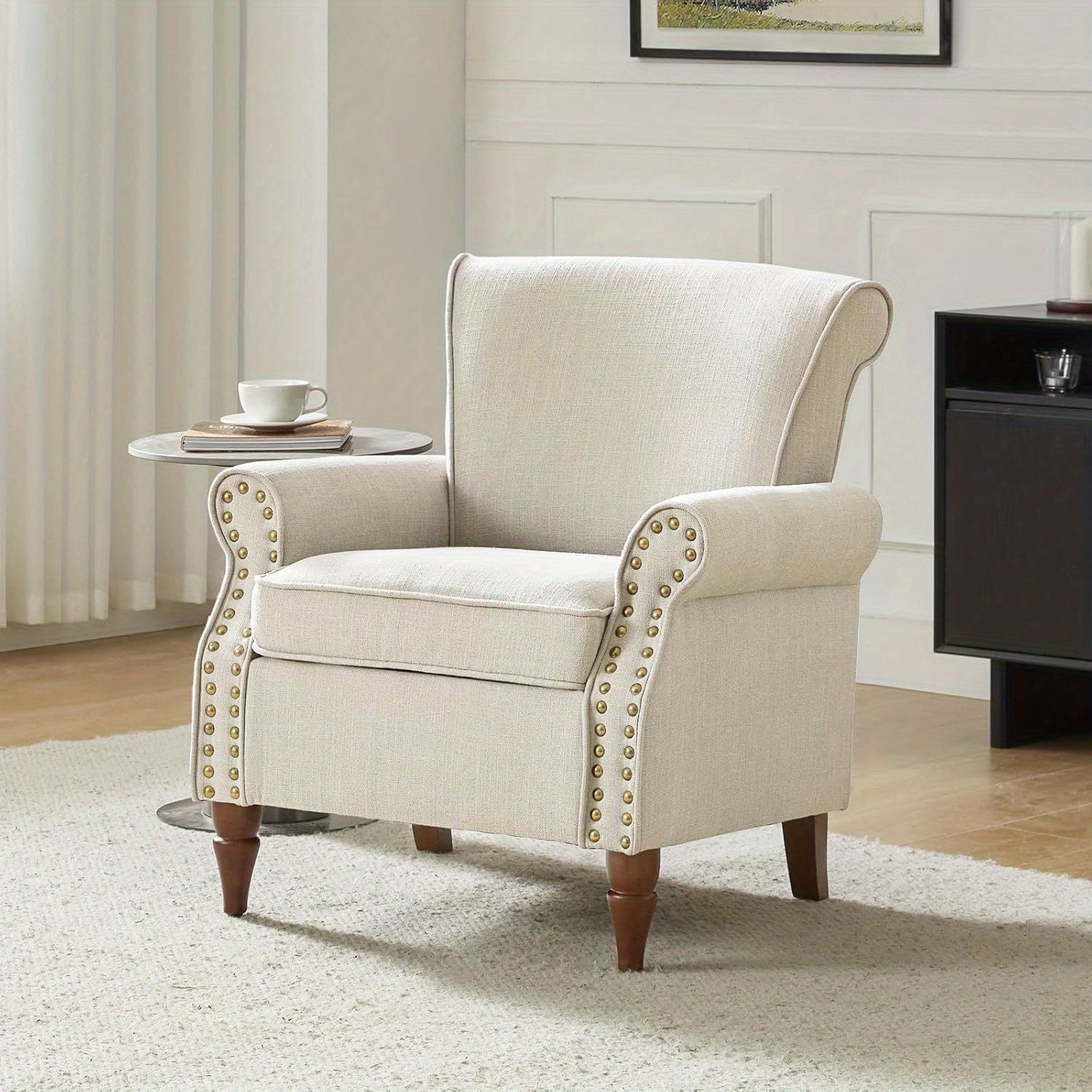 Modern Accent Chair with Wooden Legs & Nailhead Trim, Small Fabric Club Chair, Comfy Upholstered Armchair Lounge Chair for Bedroom Living Room Single Sofa (Ivory)