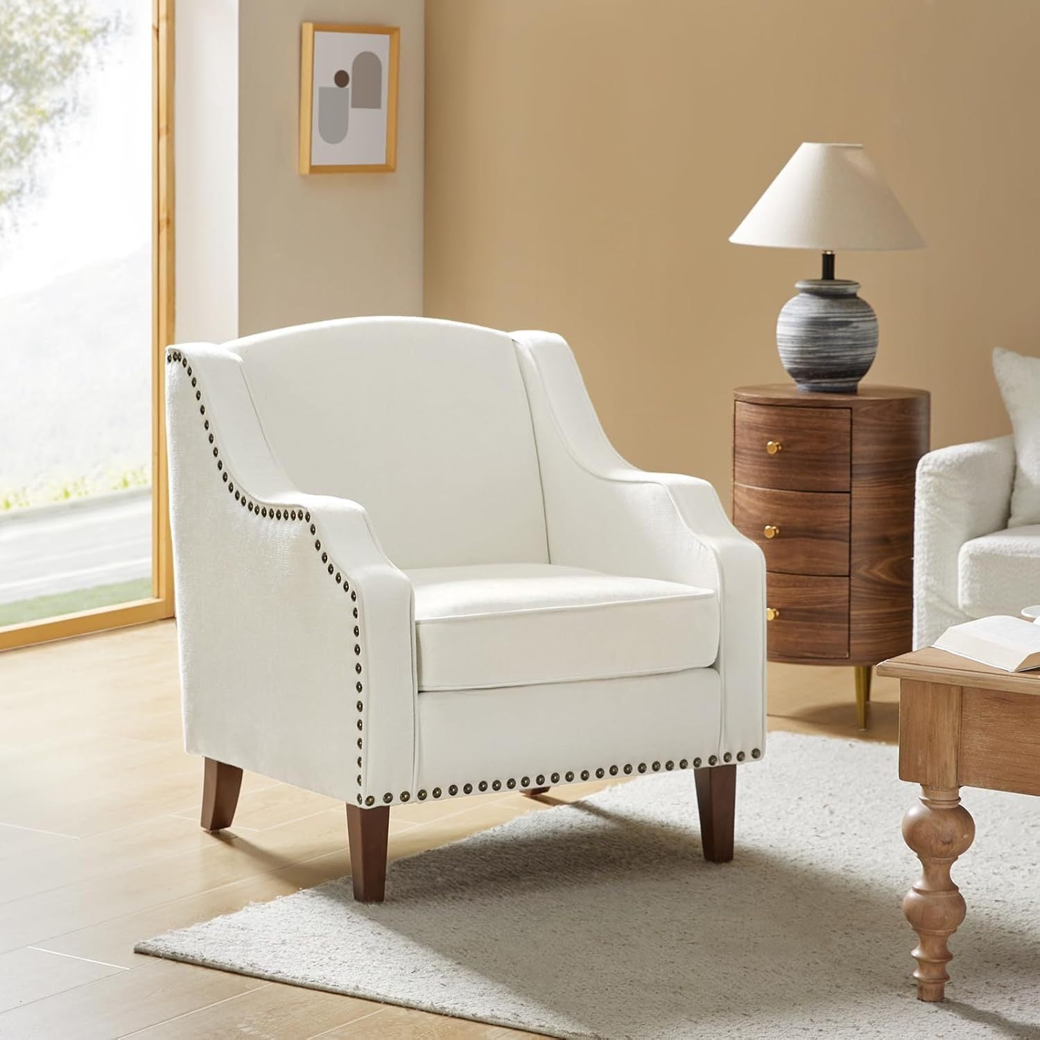 Accent Chair with Swoop Arms, Upholstered Armchair with Removable Cushion & Solid Wood Legs, Nailhead Trim Single Sofa Chair Reading Chair for Living Room, Lounge Room, IVORY