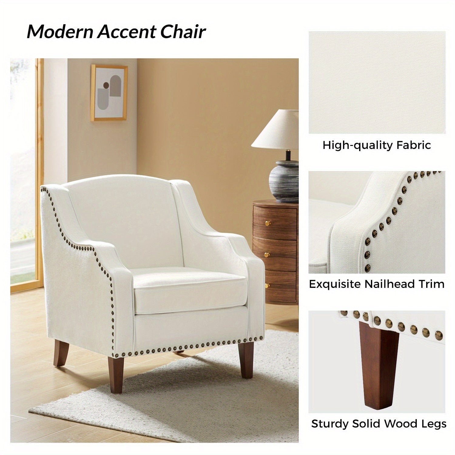 Accent Chair with Swoop Arms, Upholstered Armchair with Removable Cushion & Solid Wood Legs, Nailhead Trim Single Sofa Chair Reading Chair for Living Room, Lounge Room, IVORY