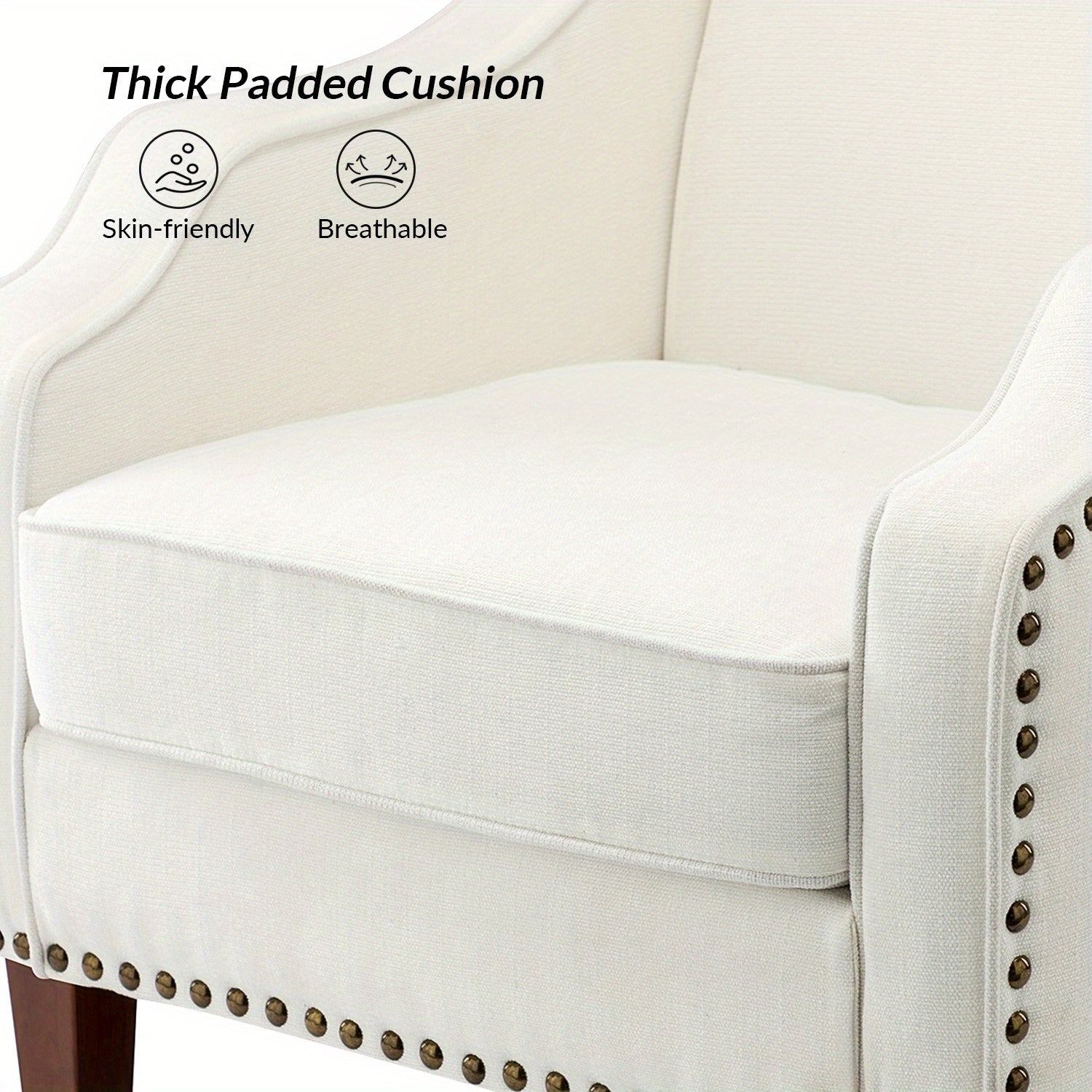 Accent Chair with Swoop Arms, Upholstered Armchair with Removable Cushion & Solid Wood Legs, Nailhead Trim Single Sofa Chair Reading Chair for Living Room, Lounge Room, IVORY