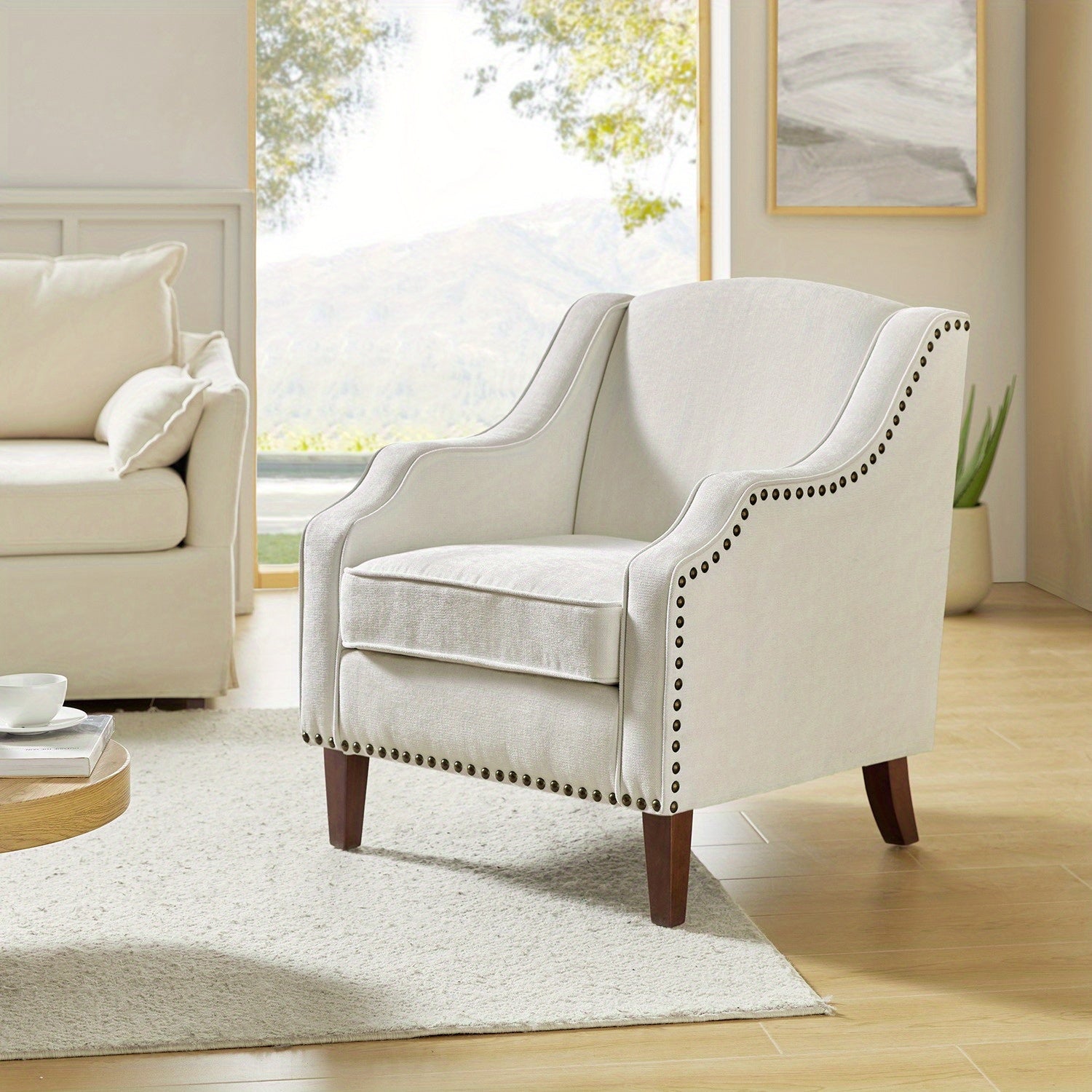 Accent Chair with Swoop Arms, Upholstered Armchair with Removable Cushion & Solid Wood Legs, Nailhead Trim Single Sofa Chair Reading Chair for Living Room, Lounge Room, IVORY