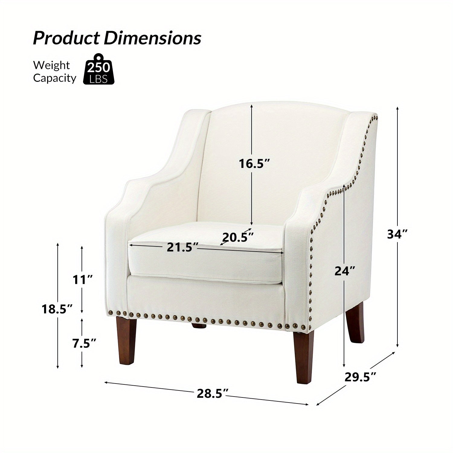 Accent Chair with Swoop Arms, Upholstered Armchair with Removable Cushion & Solid Wood Legs, Nailhead Trim Single Sofa Chair Reading Chair for Living Room, Lounge Room, IVORY