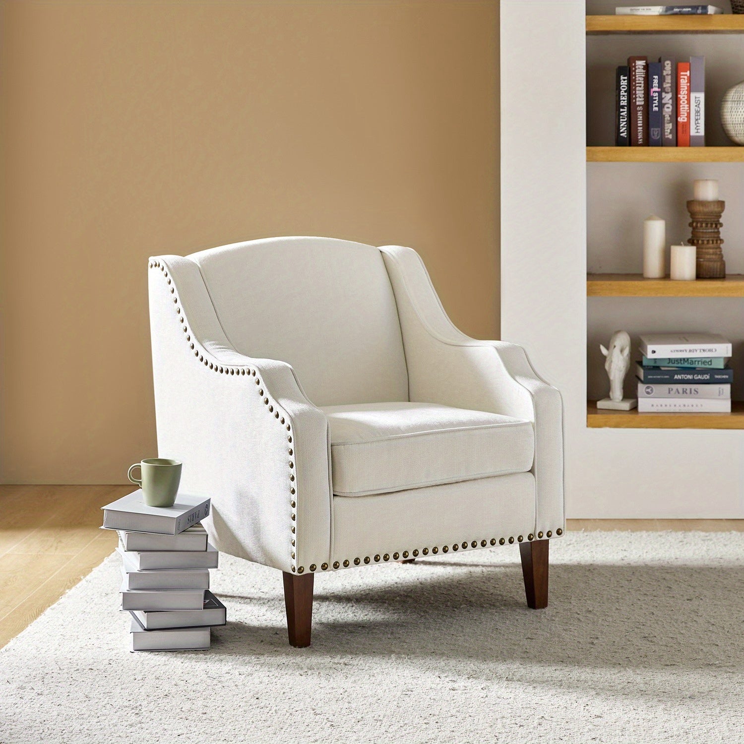 Accent Chair with Swoop Arms, Upholstered Armchair with Removable Cushion & Solid Wood Legs, Nailhead Trim Single Sofa Chair Reading Chair for Living Room, Lounge Room, IVORY