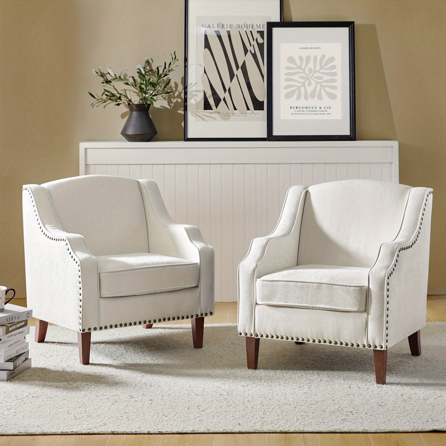 Accent Chair with Swoop Arms, Upholstered Armchair with Removable Cushion & Solid Wood Legs, Nailhead Trim Single Sofa Chair Reading Chair for Living Room, Lounge Room, IVORY