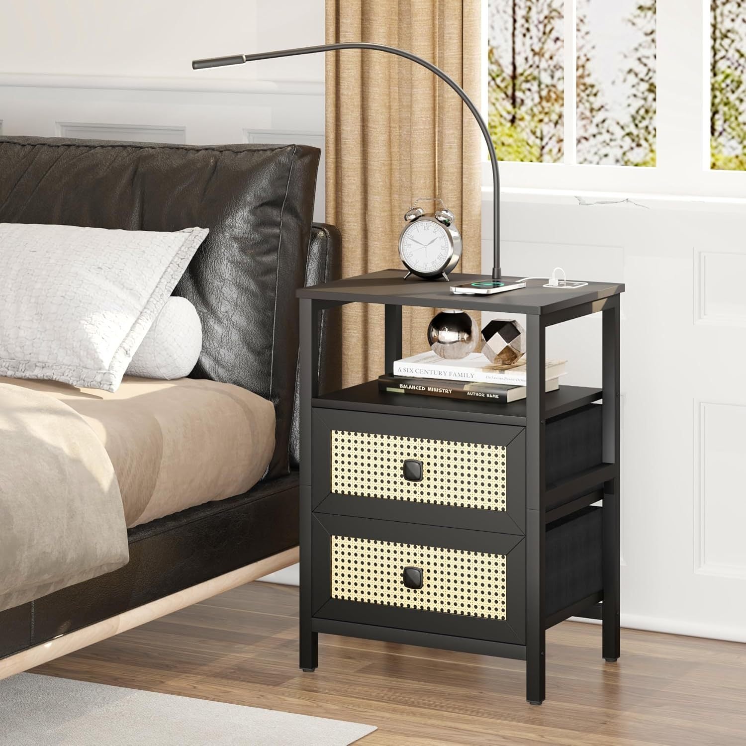 Nightstand with Charging Station, Bed Side Table with 2 Fabric Drawers and Open Shelf, Smart End Table with Reading Light/ LED Light/ Human Sensor for Bedroom, Living Room