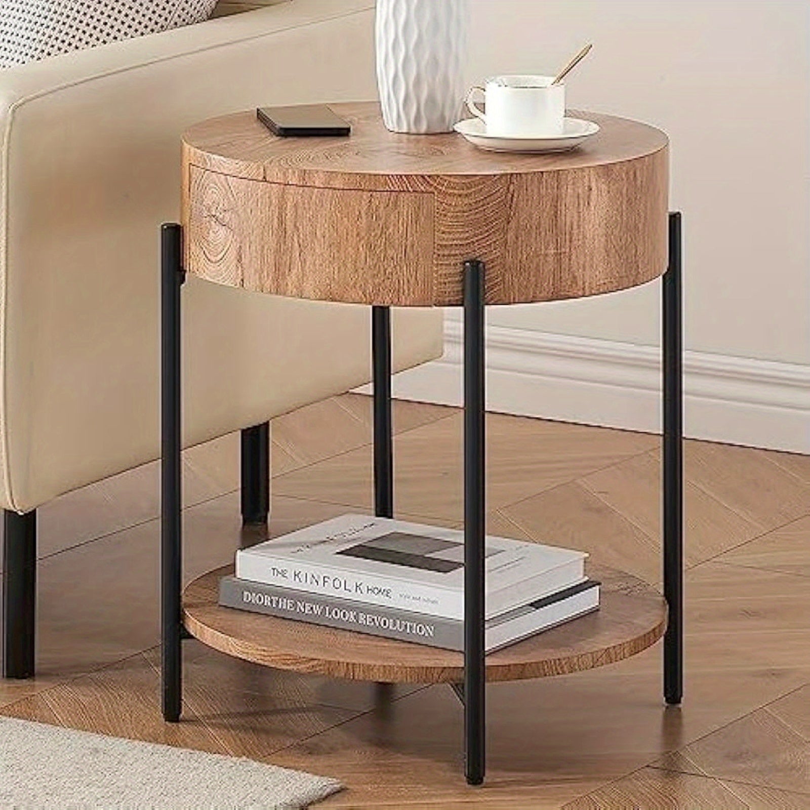 Round End Table Wood Side Table with Drawer Farmhouse Circle End Tables Accent Bedside Table Metal Frame Small Nightstand for Living Room, Bedroom and Small Spaces, Easy Assembly (Natural)