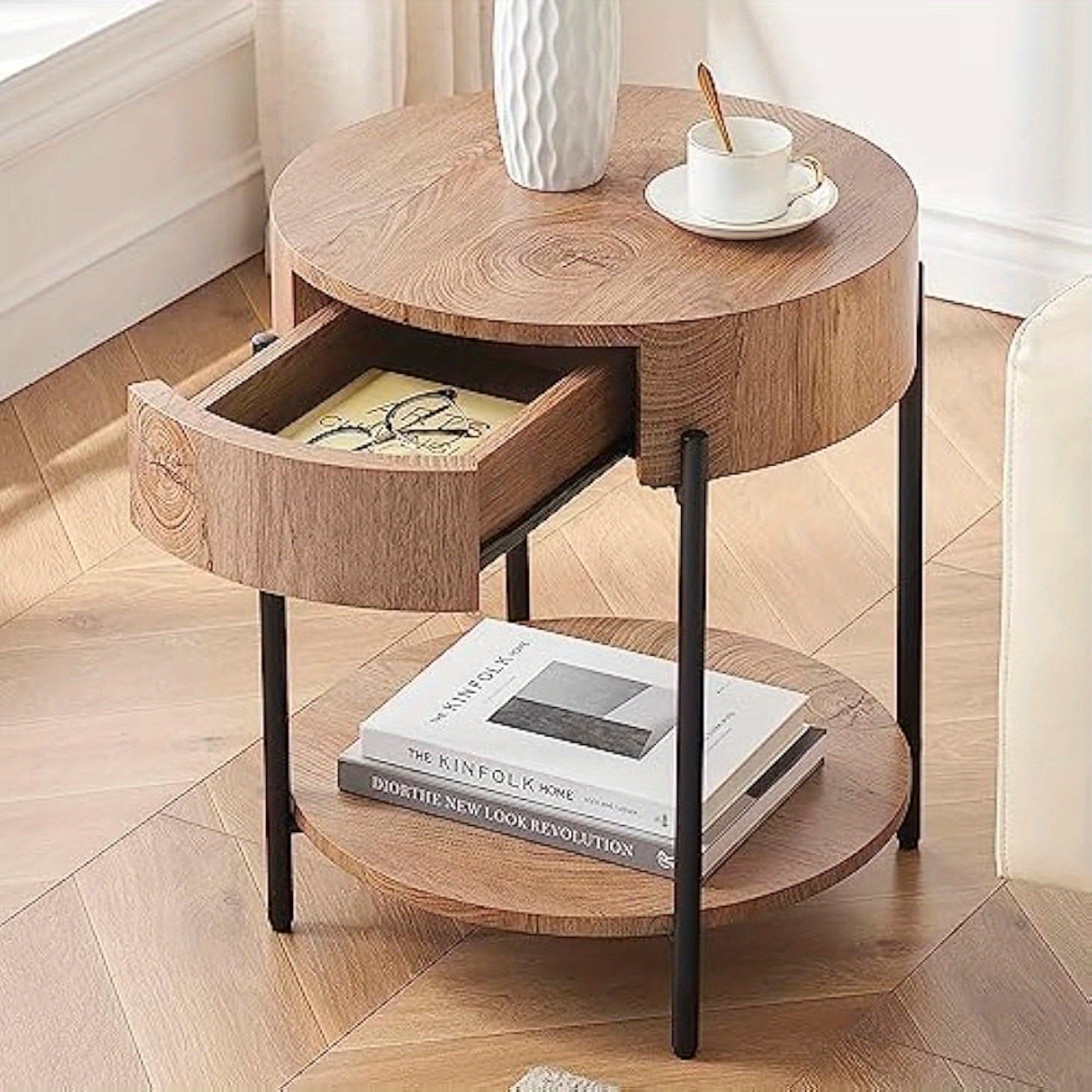 Round End Table Wood Side Table with Drawer Farmhouse Circle End Tables Accent Bedside Table Metal Frame Small Nightstand for Living Room, Bedroom and Small Spaces, Easy Assembly (Natural)