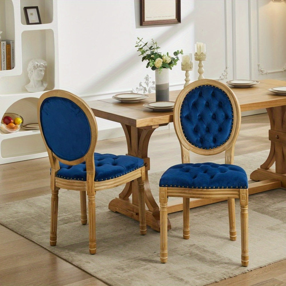 French Style Solid Wood Frame Antique Painting, Hand-pulled buckle decoration Velvet artificial leather Dining Chair with Nailhead Trim, Wood Legs, Steel Spring inner, Set of 2, Blue