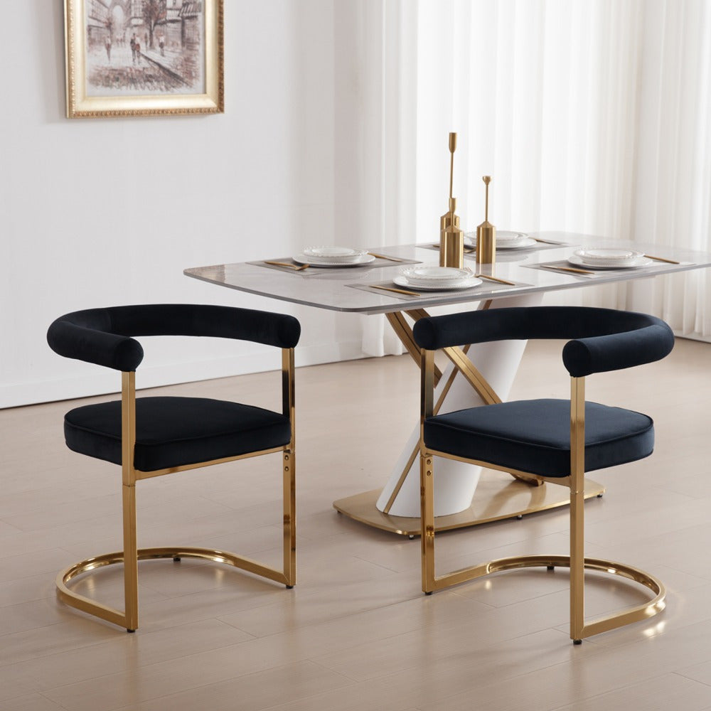 2Pcs Modern High-end Elegant Velvet Cushioned Dining Chairs with Bucket Shaped Open Backrests, and Kitchen Armchairs with Golden Metal Frames, Suitable for Dining Rooms and Kitchens