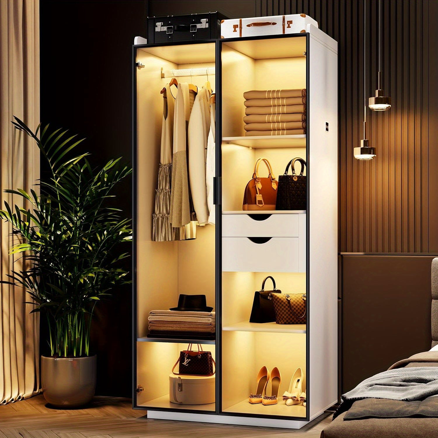 Storage Cabinet with 3 Color LED Lights - Organizer with Human Sensor Design - 2 Drawers&6 Shelves - Wardrobe Armoire with 2 Acrylic Door - Closet for Bedroom Furniture, White