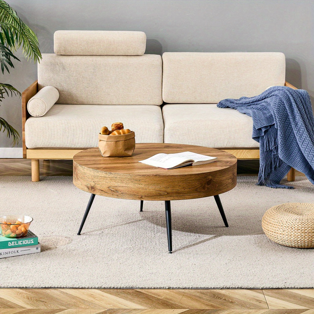 Modern Coffee Table Round Minimalist with Metal Legs, 31" Circle Coffee Table Decor, Rustic Living Room Furniture, Engineered Wood Easy to Clean & Easy to Assemble