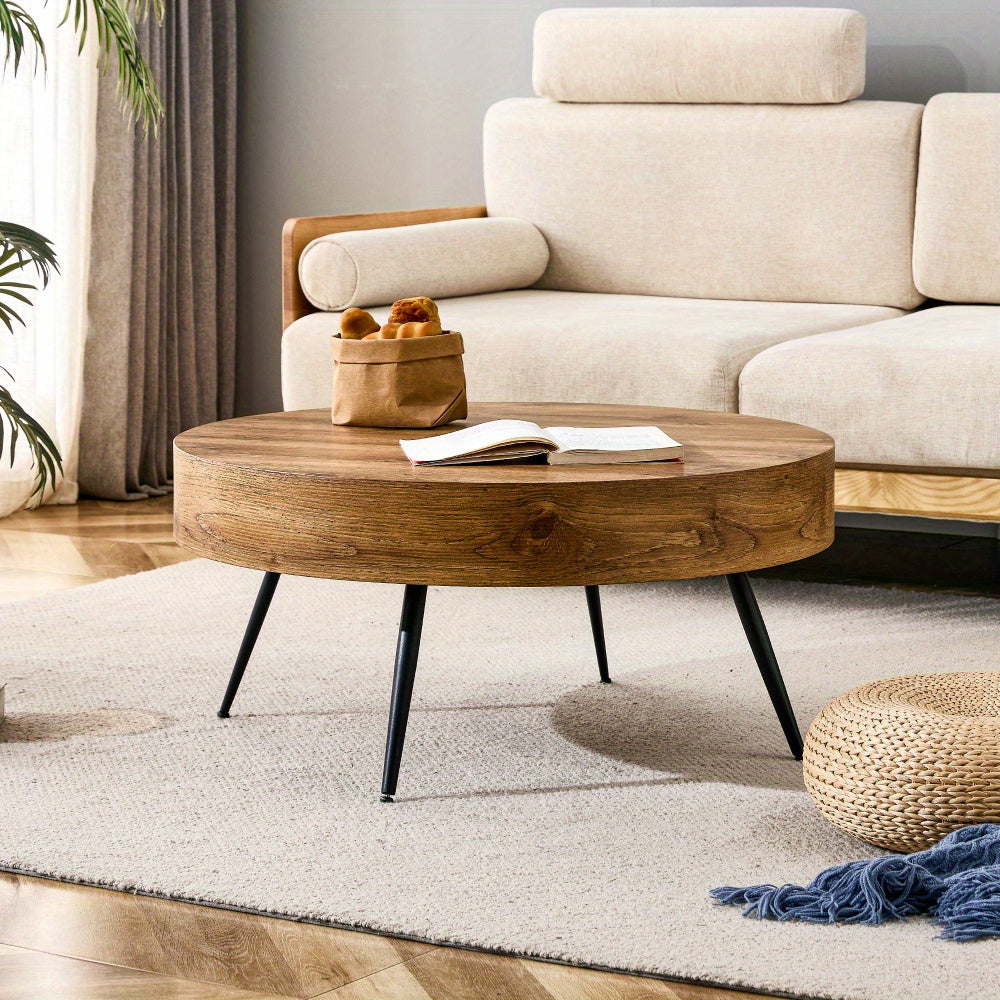 Modern Coffee Table Round Minimalist with Metal Legs, 31" Circle Coffee Table Decor, Rustic Living Room Furniture, Engineered Wood Easy to Clean & Easy to Assemble