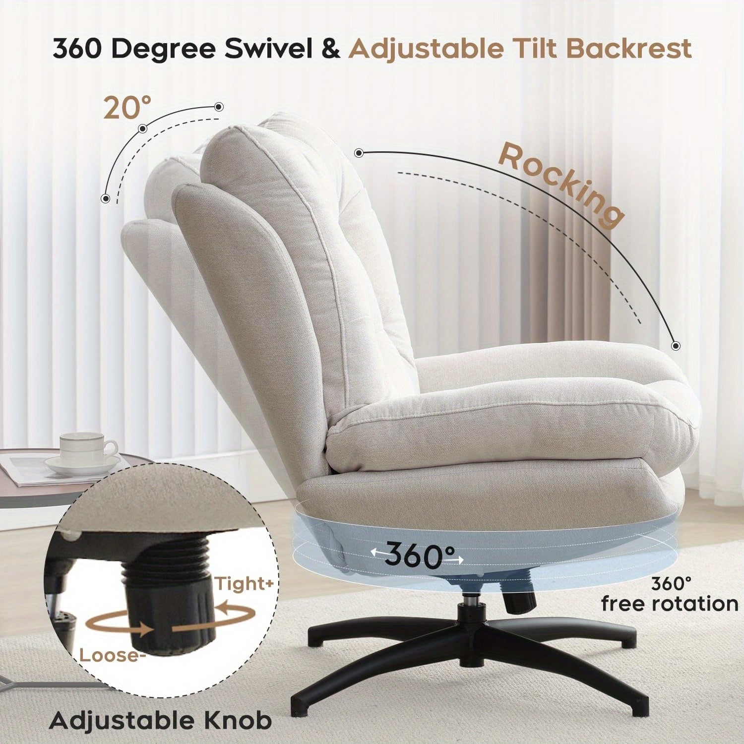 Swivel Accent Chair with Ottoman Set, TV Lounge Chair with 360 Degree Swiveling, Tilting for Living Room, Chenille Comfy Reading Chair with 23" High Back for Bedroom, Modern Armchair with Footrest