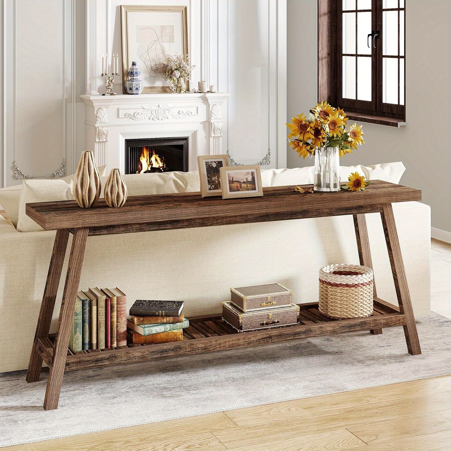 70.9 Inches Extra Long Console Table for Entryway, Farmhouse Console Entryway Table, 2-Tier Narrow Wood Foyer Sofa Couch Table for Hallway, Entrance, Living Room