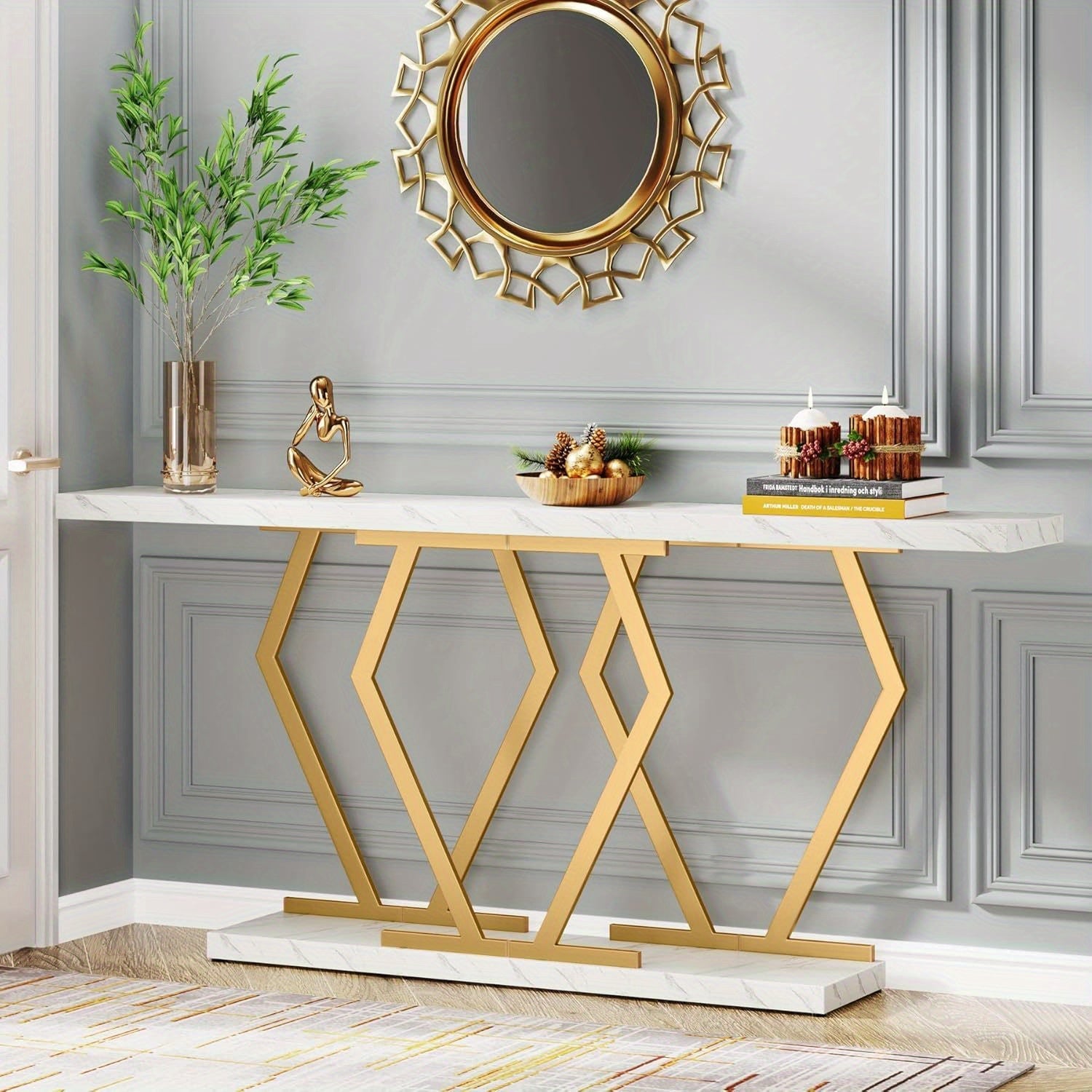 Console Table with Faux Marble Tabletop, 70.9 Inch Extra Long Sofa Table, Modern Long Entryway Table with Gold Frame