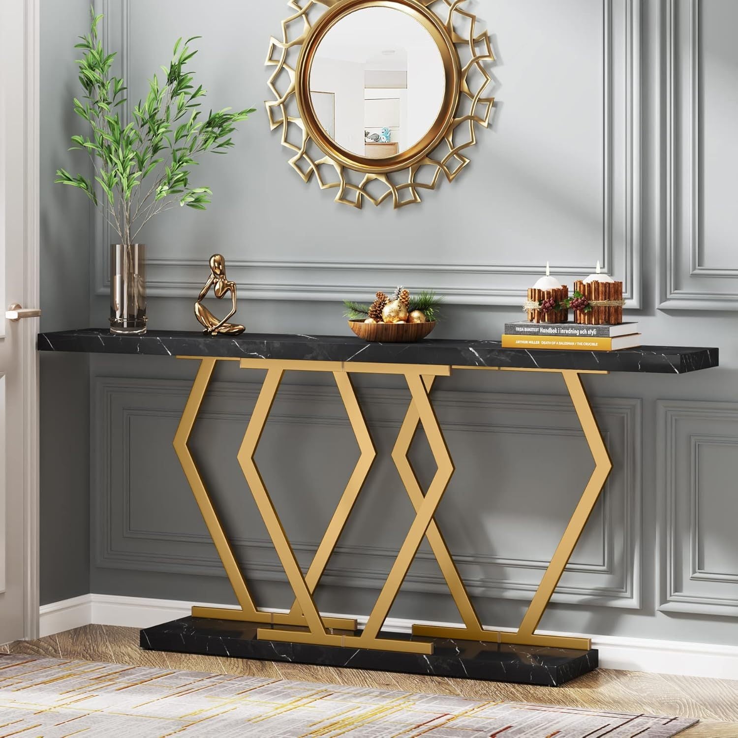 Console Table with Faux Marble Tabletop, 70.9 Inch Extra Long Sofa Table, Modern Long Entryway Table with Gold Frame