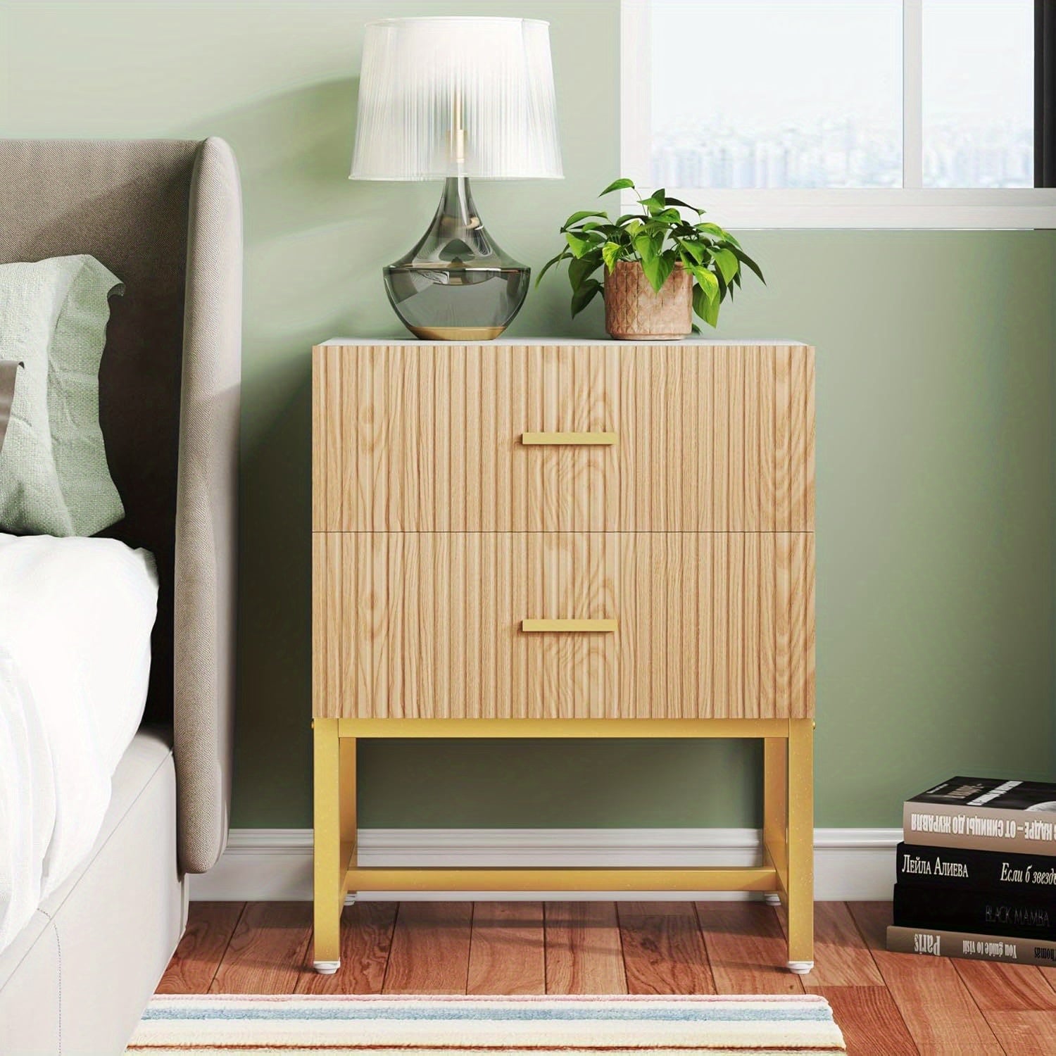 2-Drawer Nightstand, Modern Fluted Night Stands Bed Side Table with Storage, Wood End Table Accent Table for Bedroom, Living Room, Small Spaces