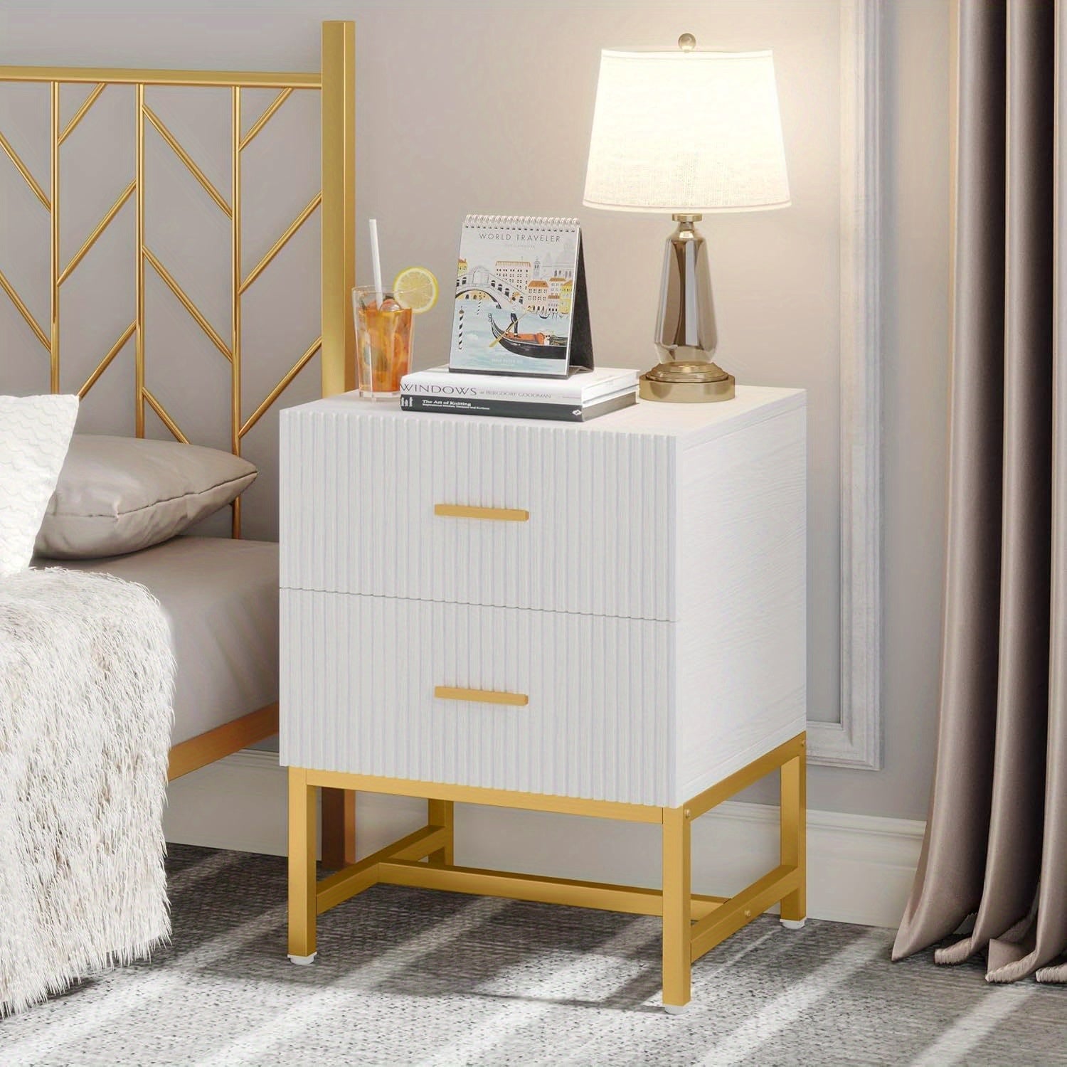 2-Drawer Nightstand, Modern Fluted Night Stands Bed Side Table with Storage, Wood End Table Accent Table for Bedroom, Living Room, Small Spaces