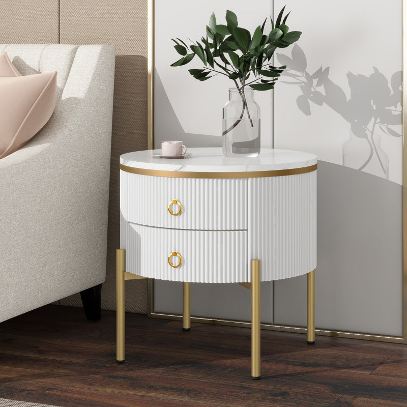 Easy Assembly Round End Table with Storage Drawers, Fluted Nightstand with High Gloss Faux Marble Tabletop, Modern Coffee Table with Metal Legs and Handles for Living Room, White