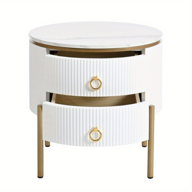 Easy Assembly Round End Table with Storage Drawers, Fluted Nightstand with High Gloss Faux Marble Tabletop, Modern Coffee Table with Metal Legs and Handles for Living Room, White