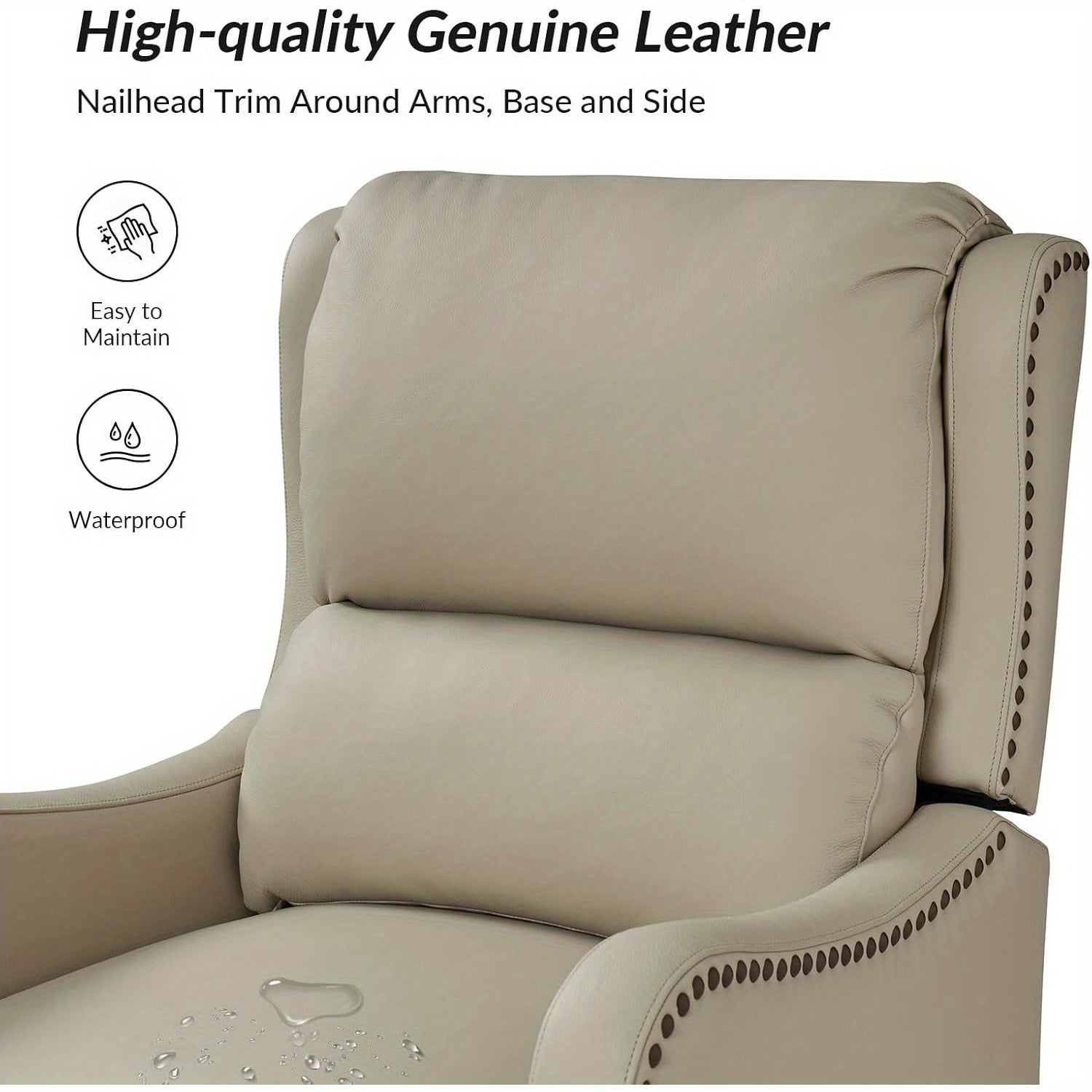 Genuine Leather Recliner Chair, Modern Push Back Recliner Armchair with Adjustable Backrest & Footrest, Comfy Upholstered Lazyboy Single Sofa for Home Theater Bedroom Living Room, Beige