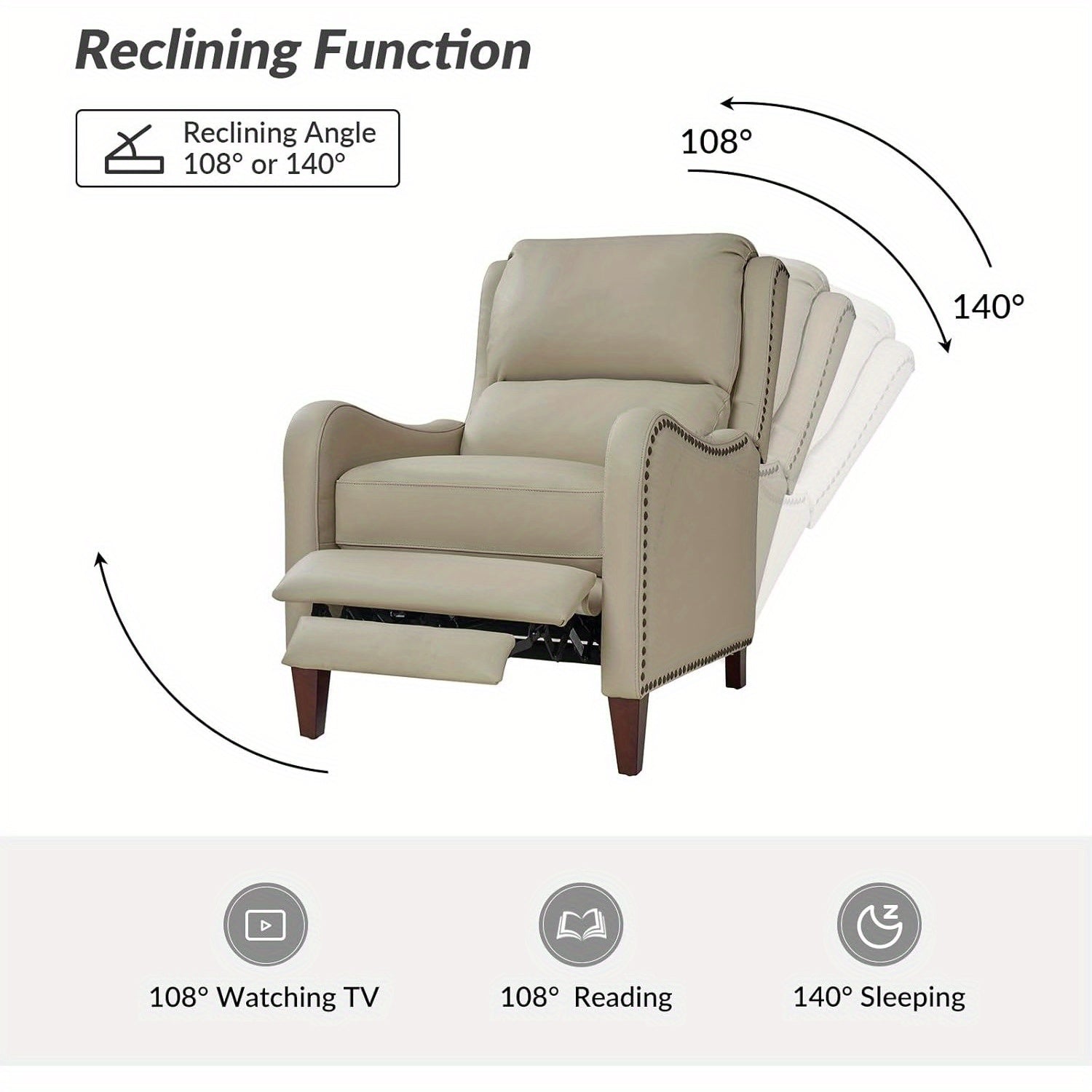 Genuine Leather Recliner Chair, Modern Push Back Recliner Armchair with Adjustable Backrest & Footrest, Comfy Upholstered Lazyboy Single Sofa for Home Theater Bedroom Living Room, Beige