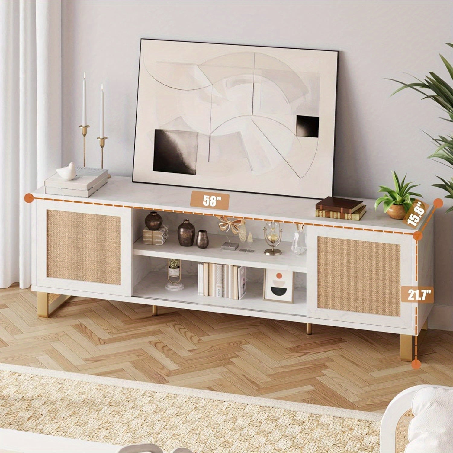 TV Stand Rattan Entertainment Center for 65 Inch TV Modern TV Console Table White Low TV Stand with Storage, Doors and Shelves, TV Console Media Cabinet Furniture for Living Bedroom