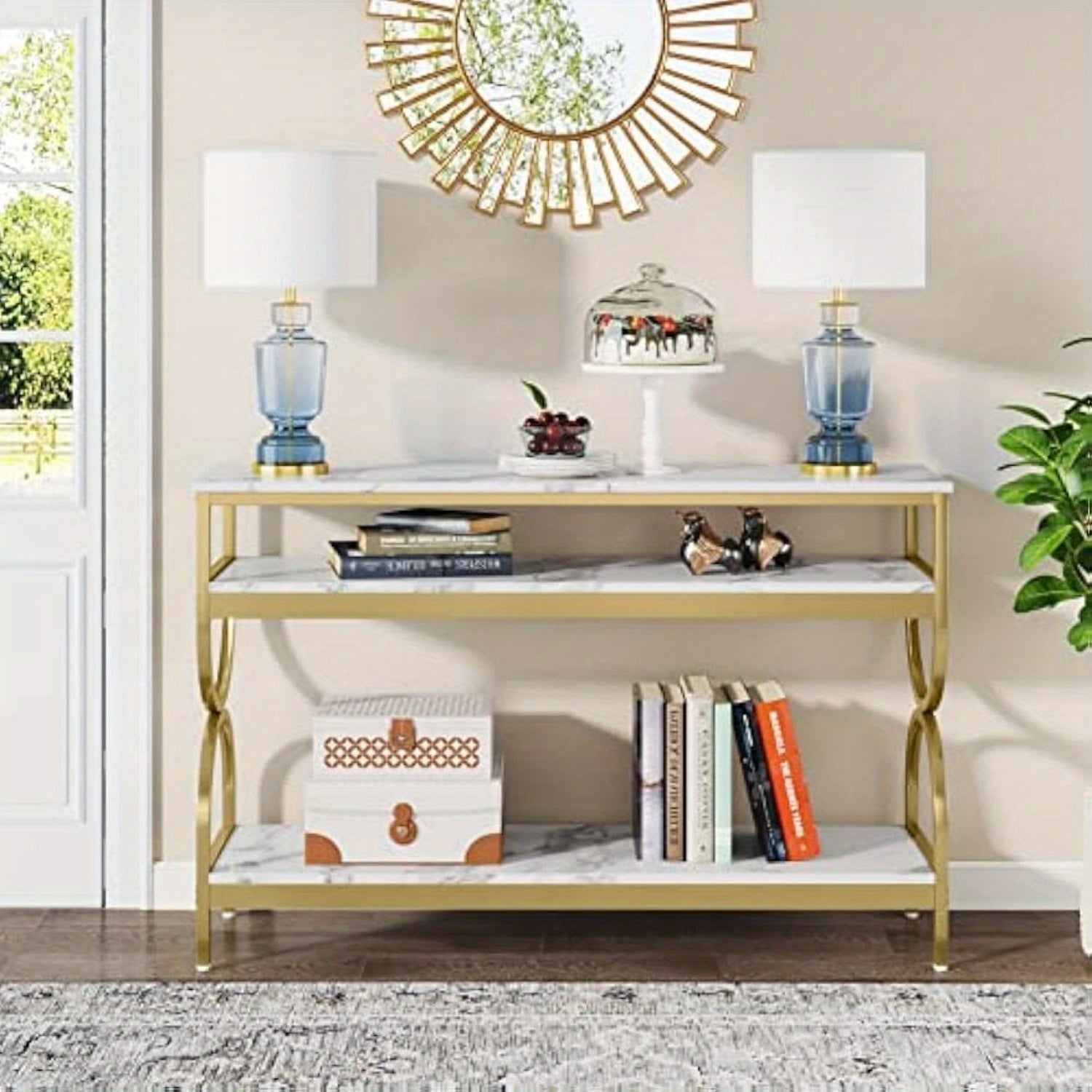 3-Tier Console Table, 55 inch Sofa Table with Open Storage Shelves, Narrow Long Hallway/ Entryway Table with Faux Marble Top for Home Living Room Entryway, White & Gold