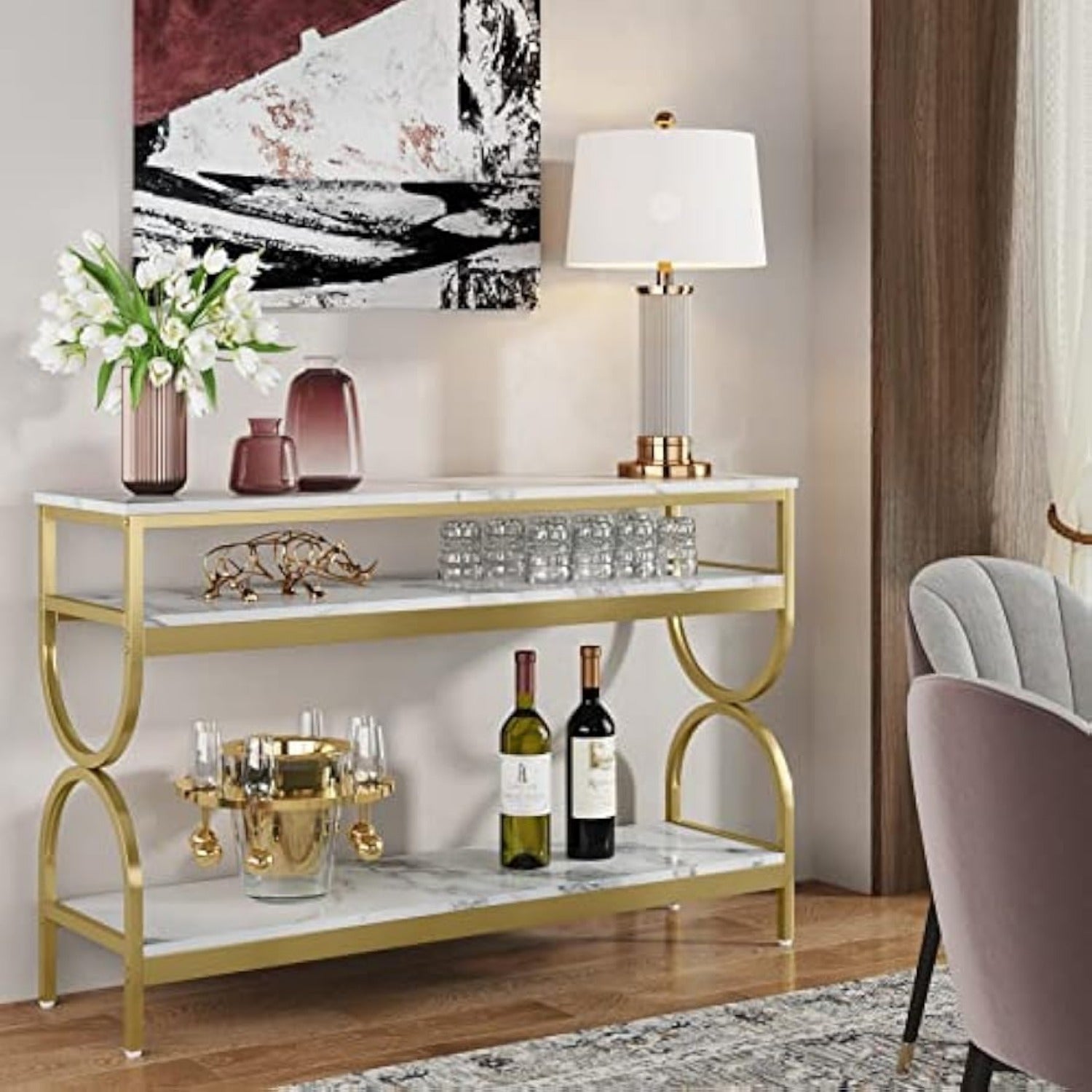 3-Tier Console Table, 55 inch Sofa Table with Open Storage Shelves, Narrow Long Hallway/ Entryway Table with Faux Marble Top for Home Living Room Entryway, White & Gold