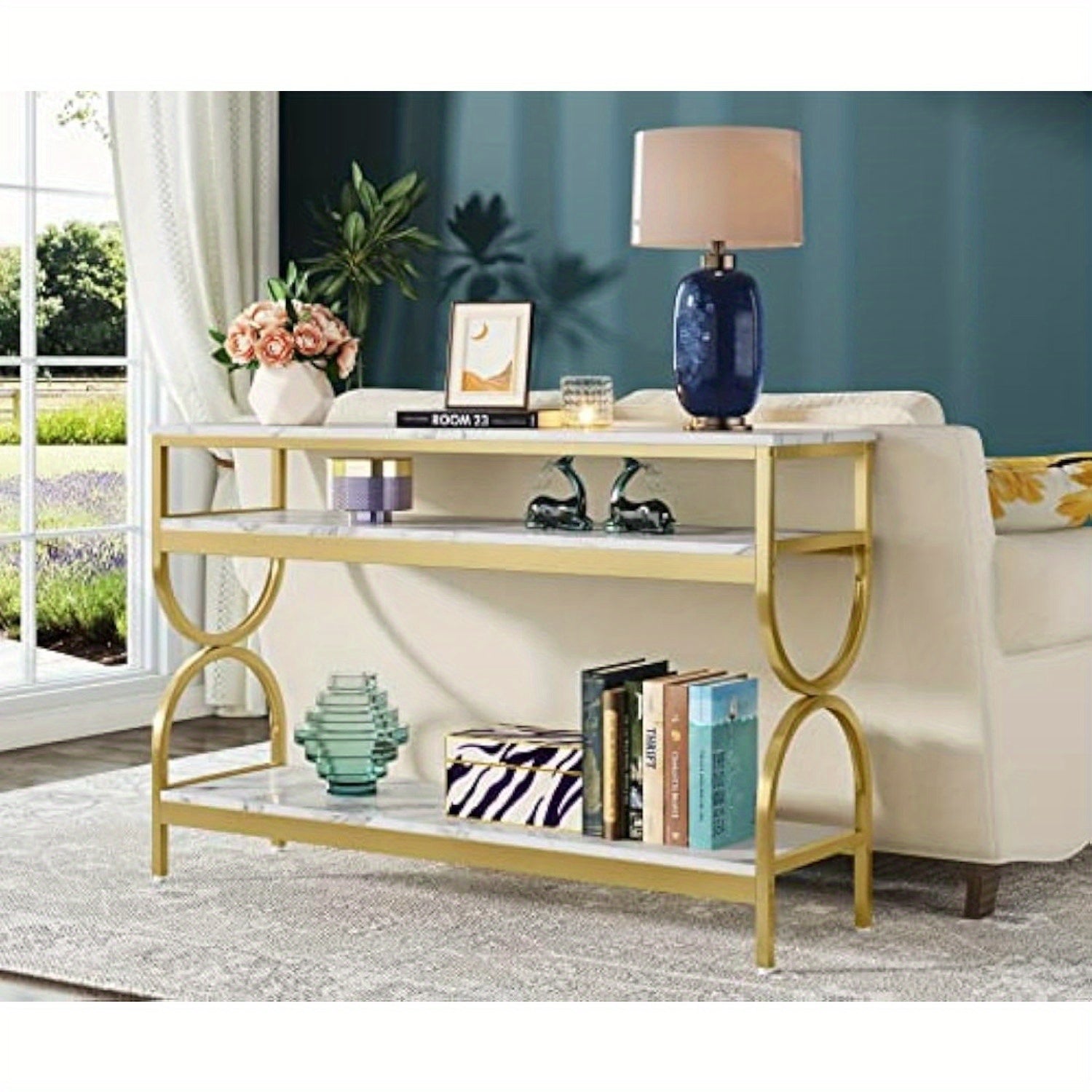 3-Tier Console Table, 55 inch Sofa Table with Open Storage Shelves, Narrow Long Hallway/ Entryway Table with Faux Marble Top for Home Living Room Entryway, White & Gold