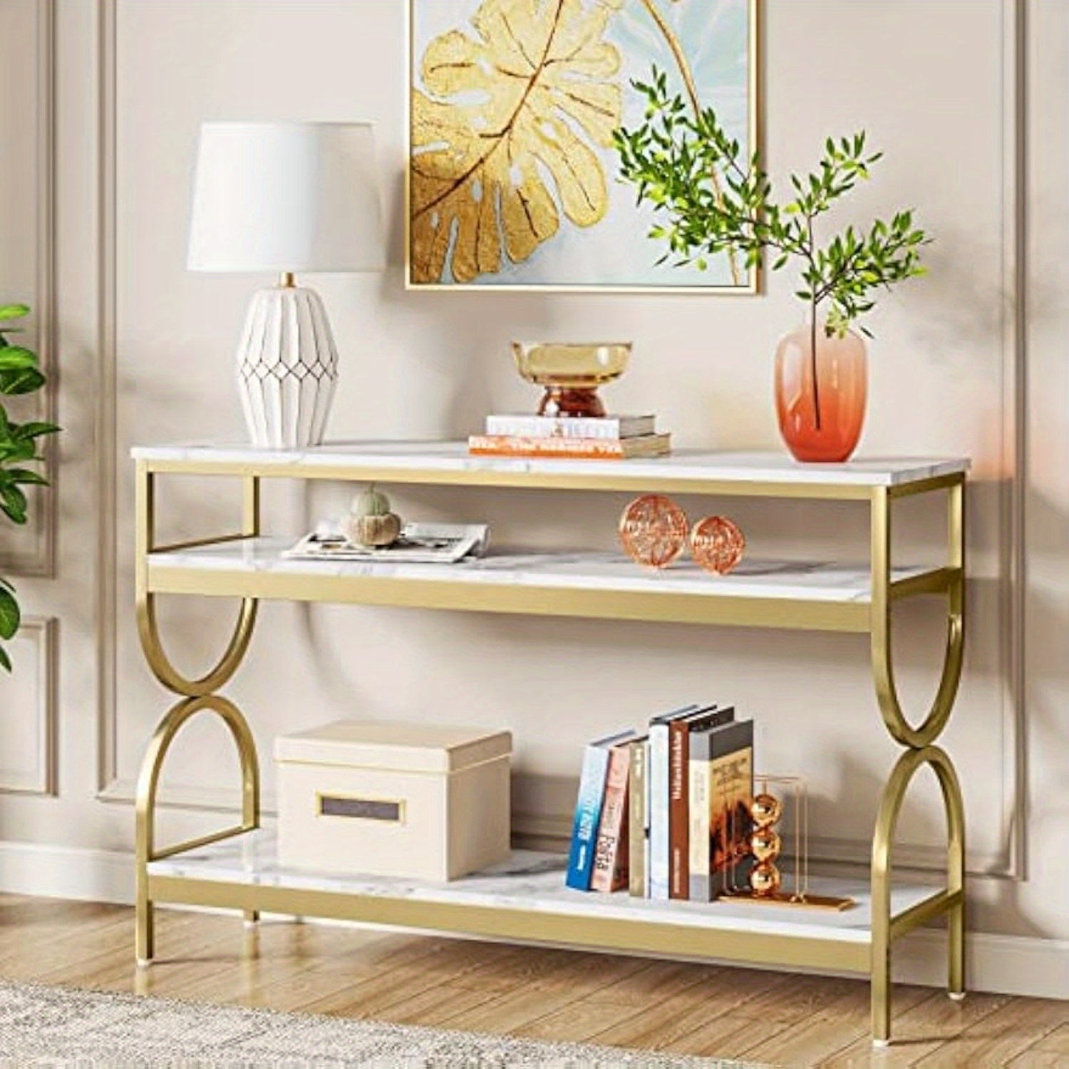 3-Tier Console Table, 55 inch Sofa Table with Open Storage Shelves, Narrow Long Hallway/ Entryway Table with Faux Marble Top for Home Living Room Entryway, White & Gold