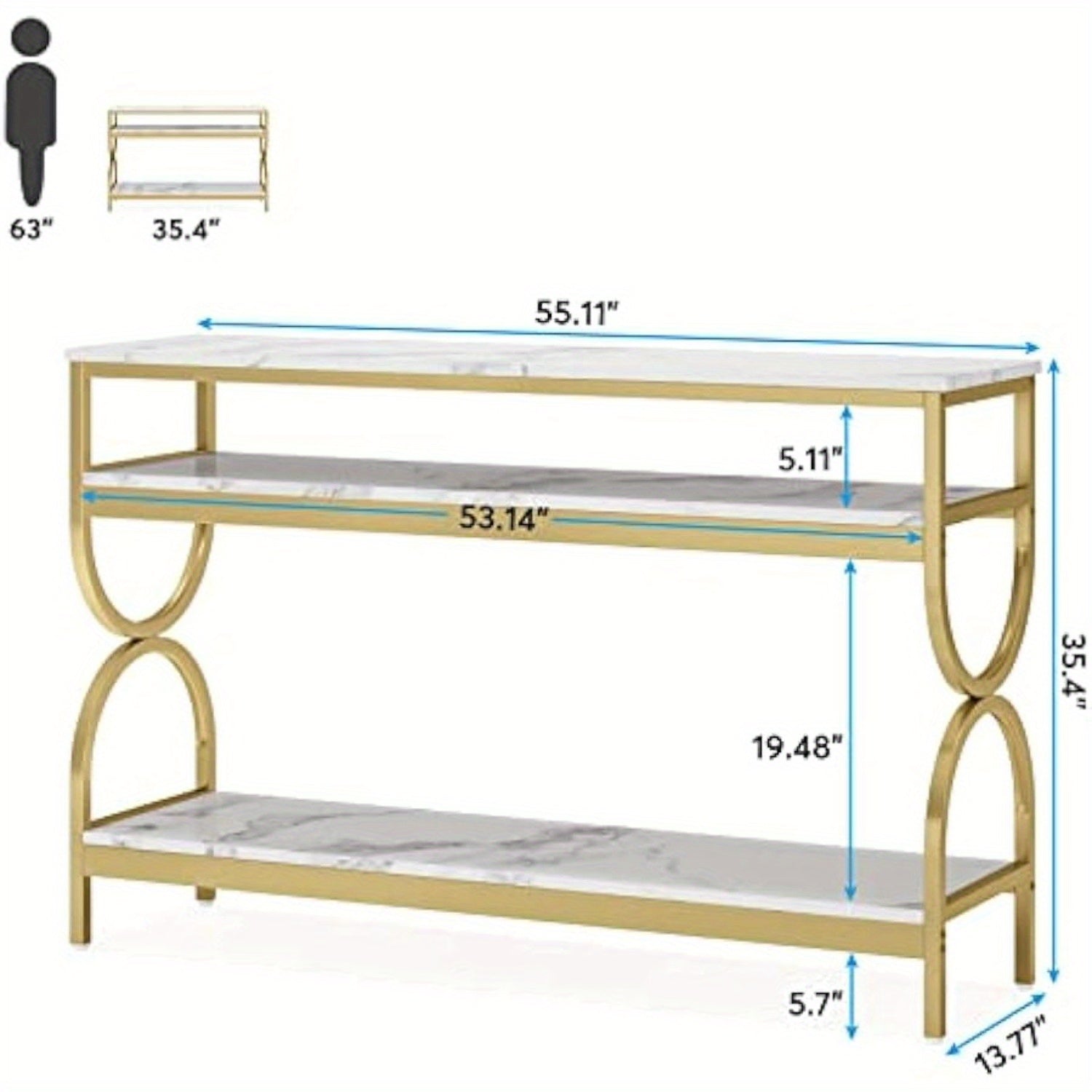 3-Tier Console Table, 55 inch Sofa Table with Open Storage Shelves, Narrow Long Hallway/ Entryway Table with Faux Marble Top for Home Living Room Entryway, White & Gold