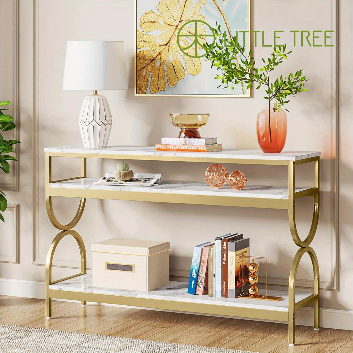 3-Tier Console Table, 55 inch Sofa Table with Open Storage Shelves, Narrow Long Hallway/ Entryway Table with Faux Marble Top for Home Living Room Entryway, White & Gold