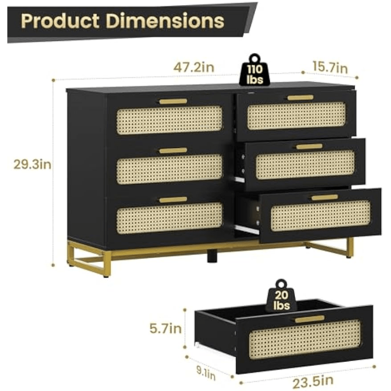 Natural Rattan Dresser for Bedroom with 6 Drawer, Wood Durable Dressers & chests of Drawers with golden Handles, Handmade Natural Rattan Modern Storage Double Drawers for Bedroom, Closet, Living room