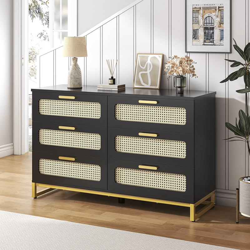 Natural Rattan Dresser for Bedroom with 6 Drawer, Wood Durable Dressers & chests of Drawers with golden Handles, Handmade Natural Rattan Modern Storage Double Drawers for Bedroom, Closet, Living room