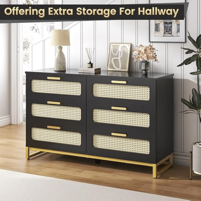 Natural Rattan Dresser for Bedroom with 6 Drawer, Wood Durable Dressers & chests of Drawers with golden Handles, Handmade Natural Rattan Modern Storage Double Drawers for Bedroom, Closet, Living room