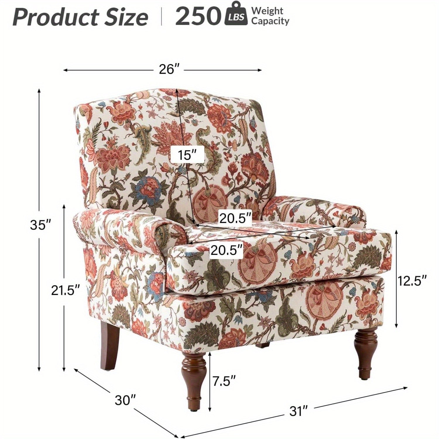 Modern Upholstered Accent Chair with Retro Wood Legs, Comfy Bird Floral Club Chair with Removable Cushion Patterned Armchair for Living Room Bedroom Reading Room Leisure Single Sofa Chair