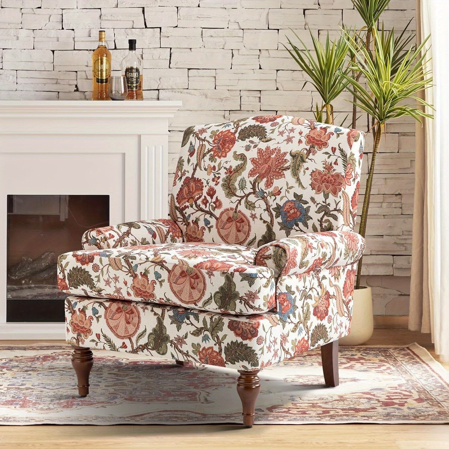 Modern Upholstered Accent Chair with Retro Wood Legs, Comfy Bird Floral Club Chair with Removable Cushion Patterned Armchair for Living Room Bedroom Reading Room Leisure Single Sofa Chair