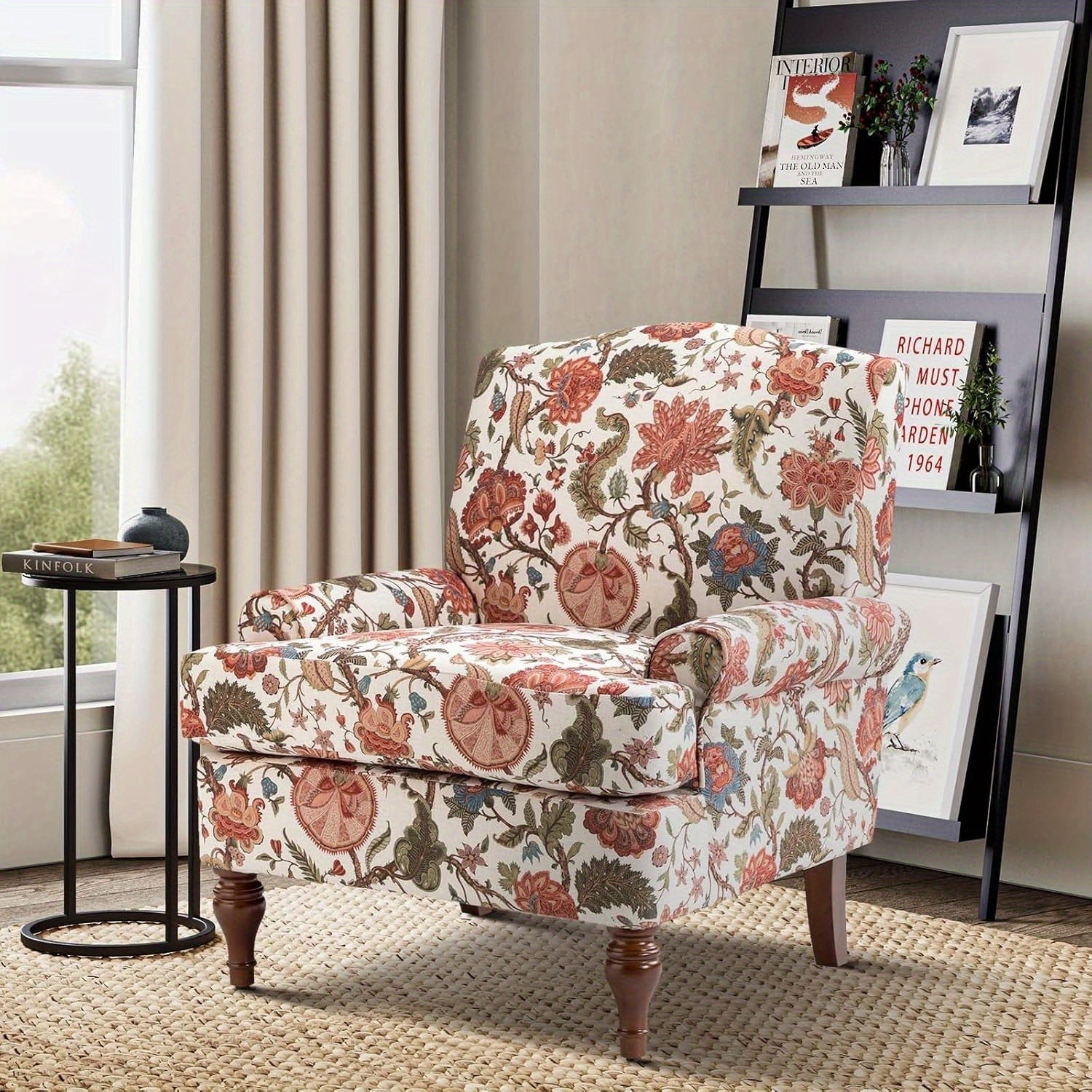 Modern Upholstered Accent Chair with Retro Wood Legs, Comfy Bird Floral Club Chair with Removable Cushion Patterned Armchair for Living Room Bedroom Reading Room Leisure Single Sofa Chair