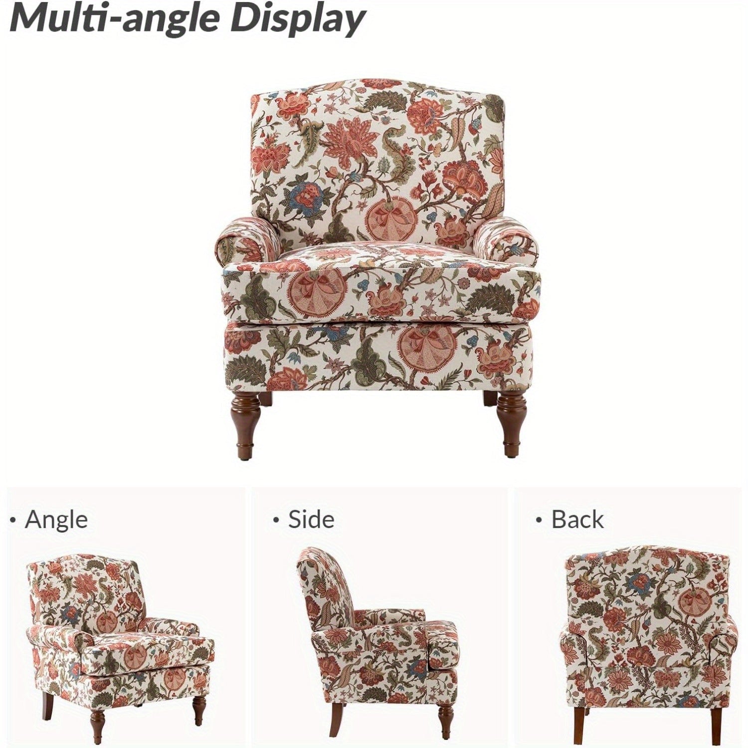 Modern Upholstered Accent Chair with Retro Wood Legs, Comfy Bird Floral Club Chair with Removable Cushion Patterned Armchair for Living Room Bedroom Reading Room Leisure Single Sofa Chair