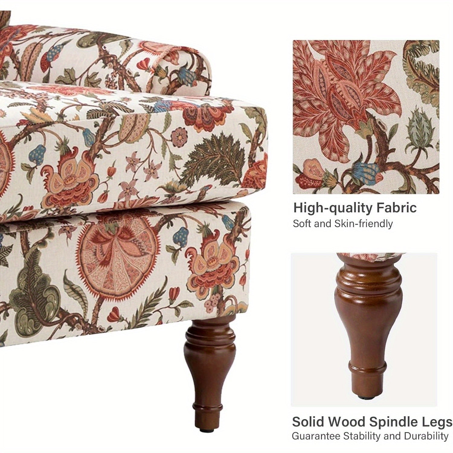 Modern Upholstered Accent Chair with Retro Wood Legs, Comfy Bird Floral Club Chair with Removable Cushion Patterned Armchair for Living Room Bedroom Reading Room Leisure Single Sofa Chair