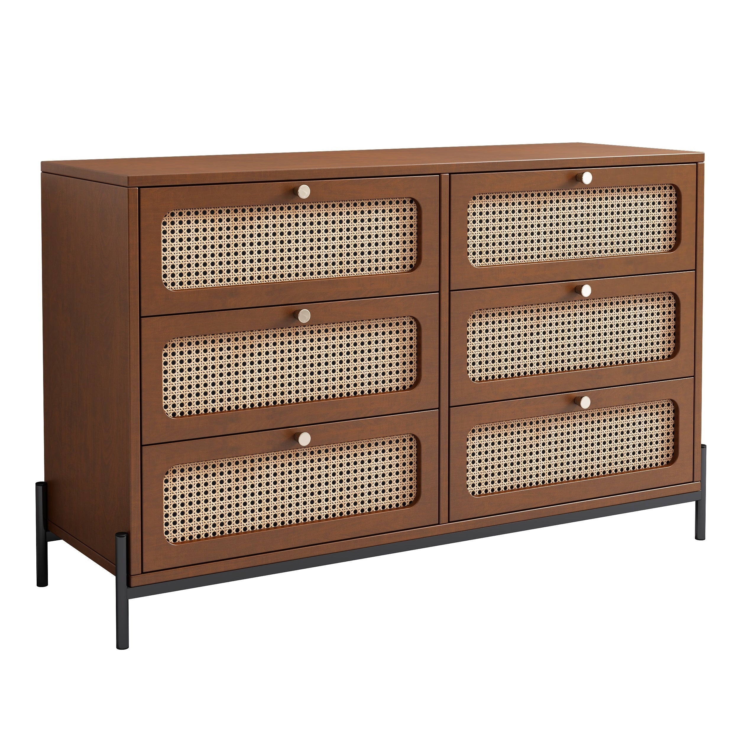 Chic Rattan-Accented 6-Drawer Dresser - Durable Wooden Storage Cabinet with Metal Legs for Bedroom, Living Room, or Entryway